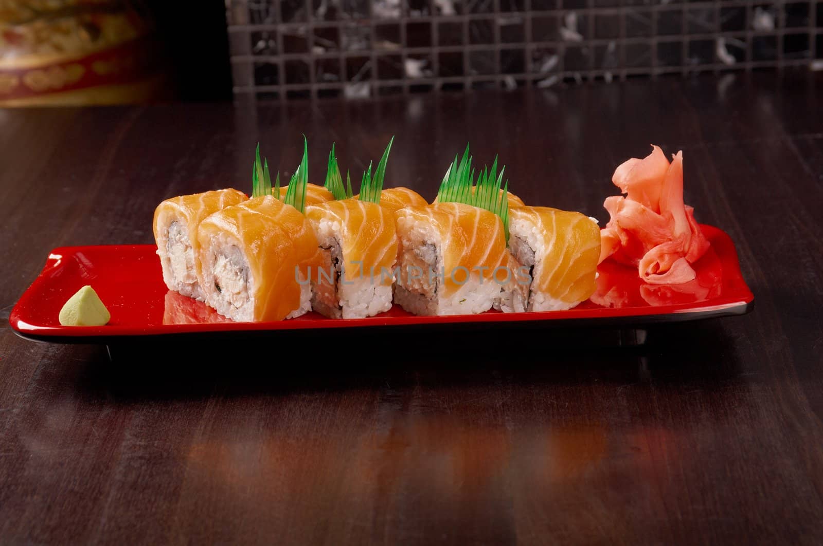 Japanese sushi  traditional japanese food.Roll made of salmon