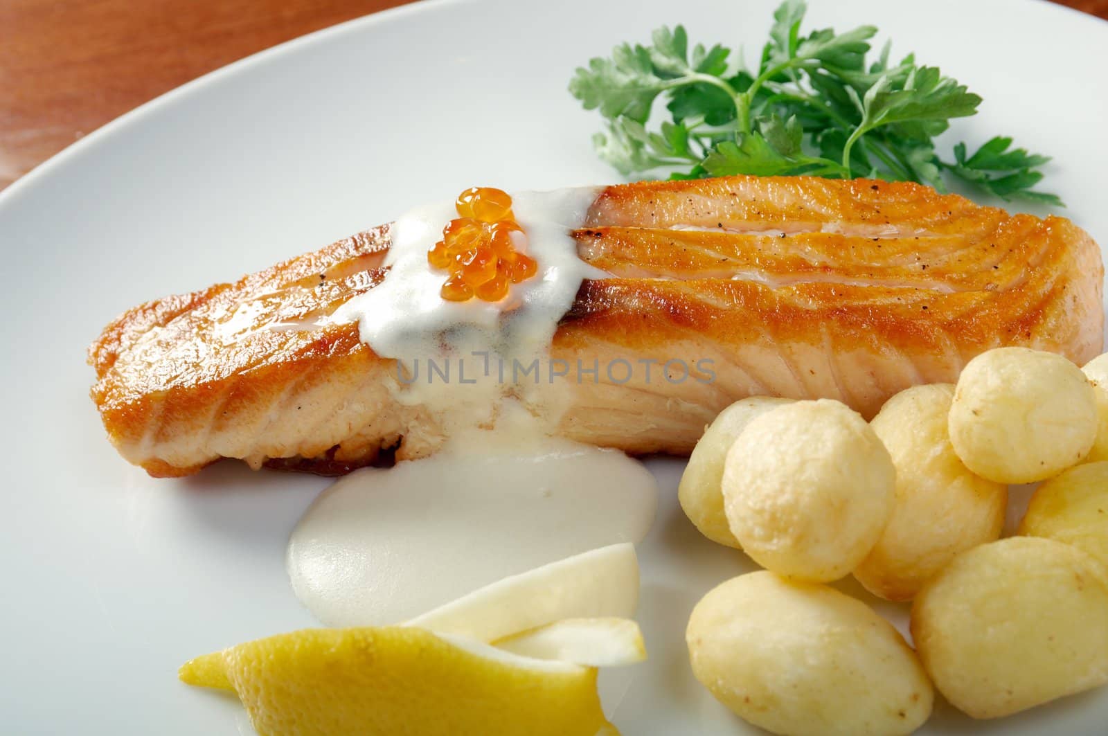 Salmon  with potato .Shallow depth-of-field