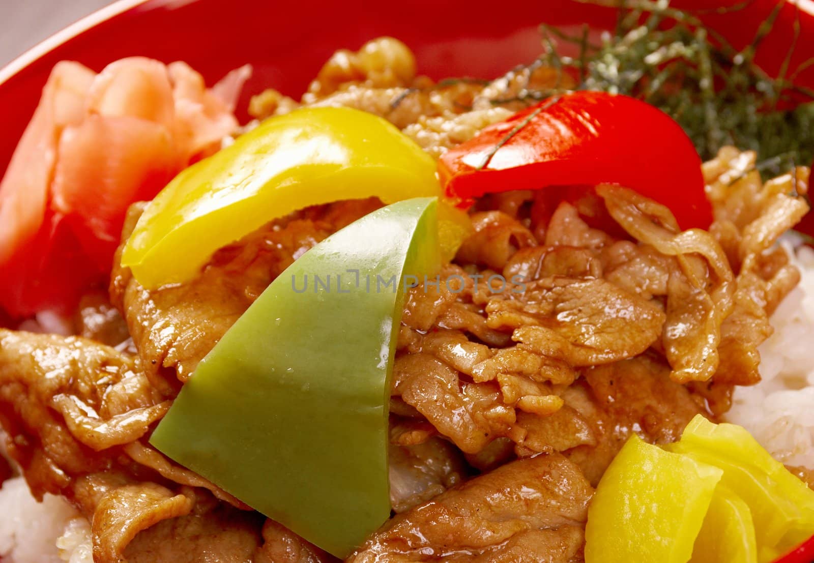 pork slice with rice and vegetable
