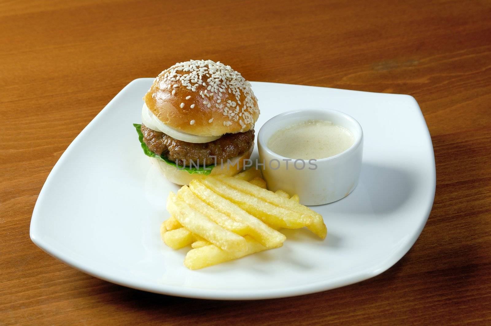 Hamburger with french fries. closeup
