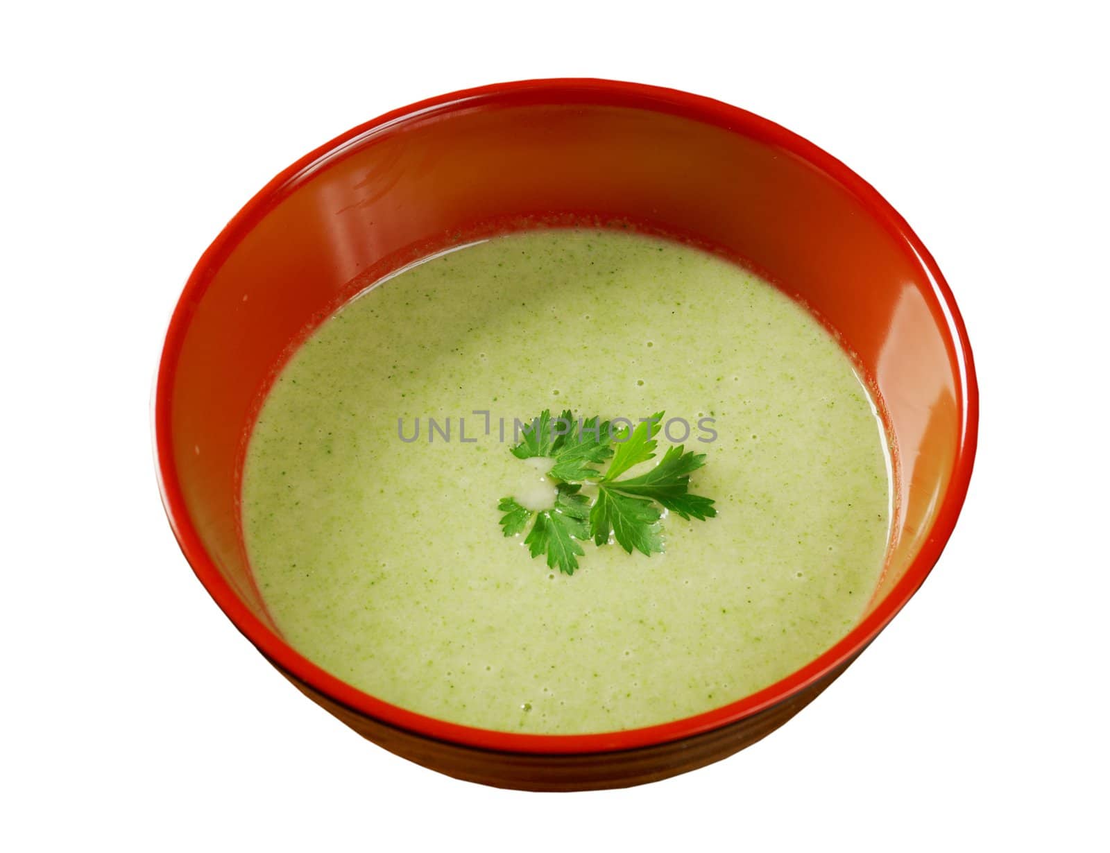 Bowl of cream of broccoli soup .closeup
