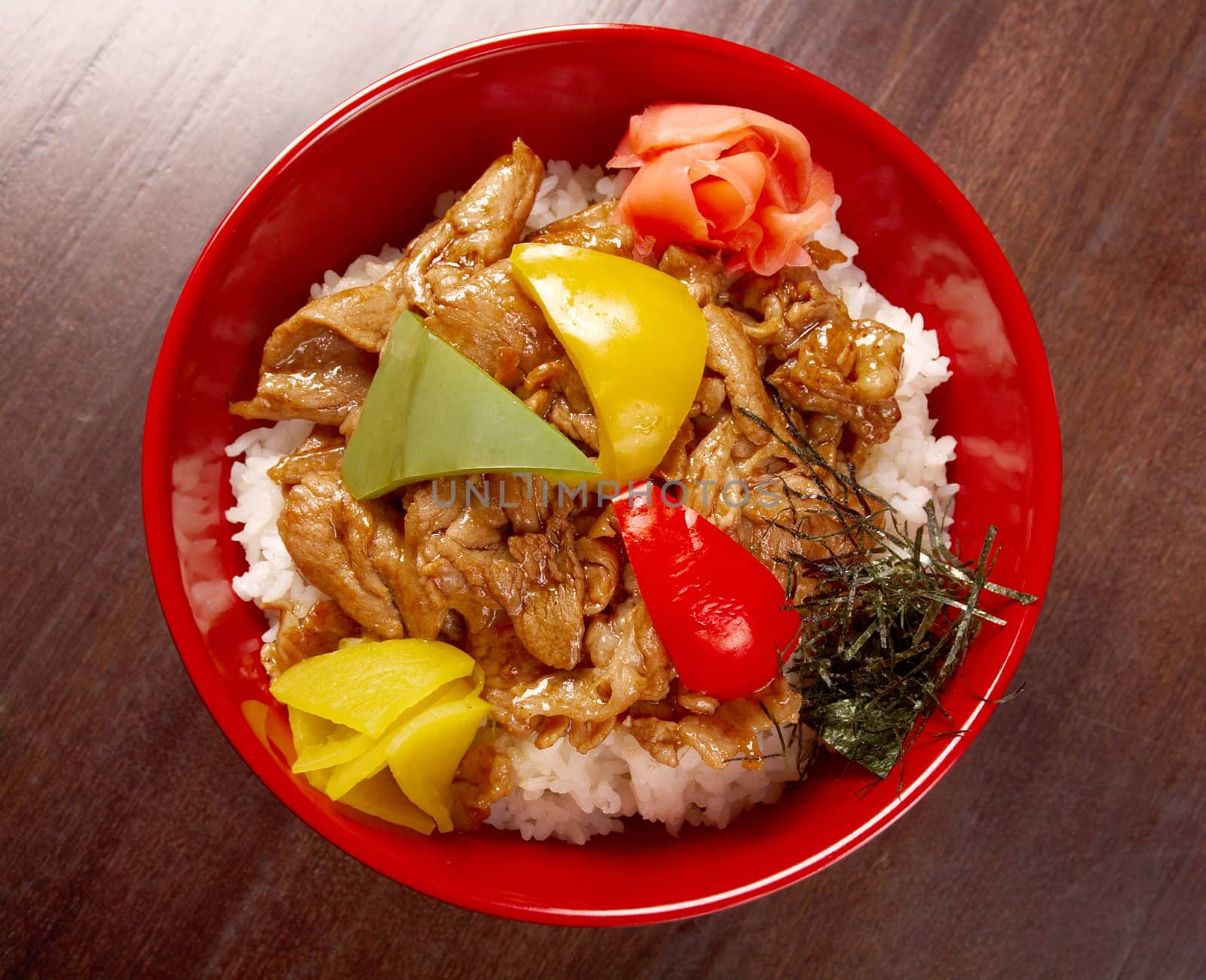 pork slice with rice and vegetable