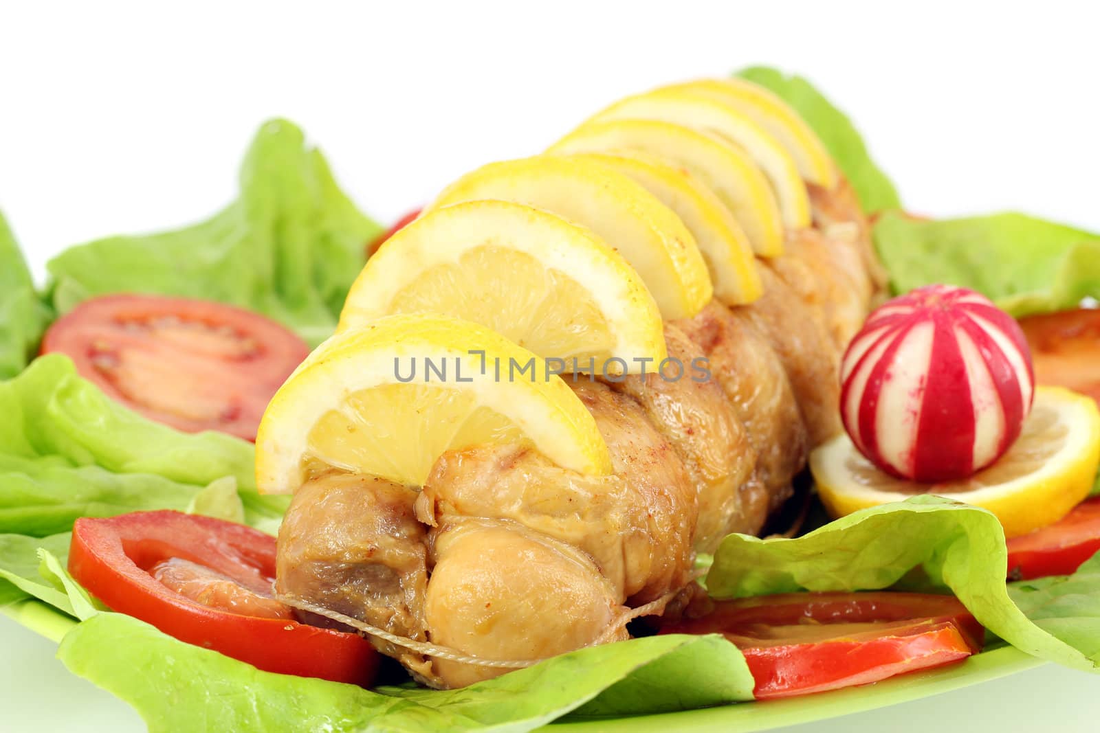 rolled chicken meat with vegetables and fruit