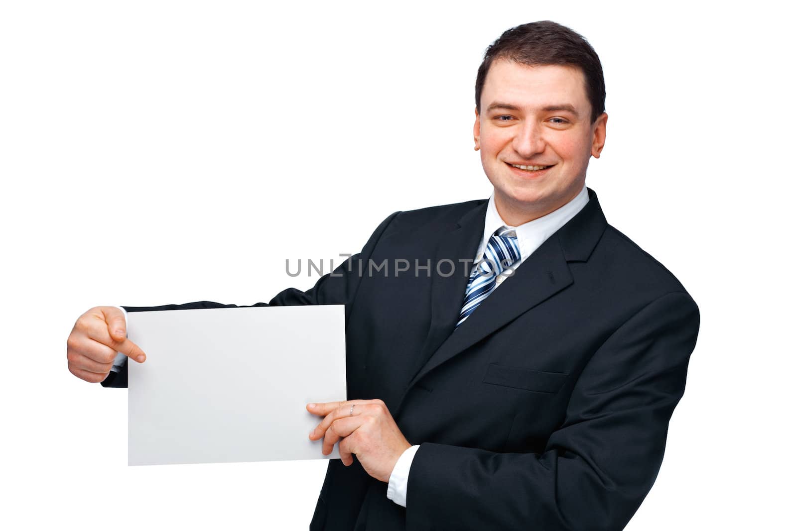 A successful happy business executive holding an empty billboard 