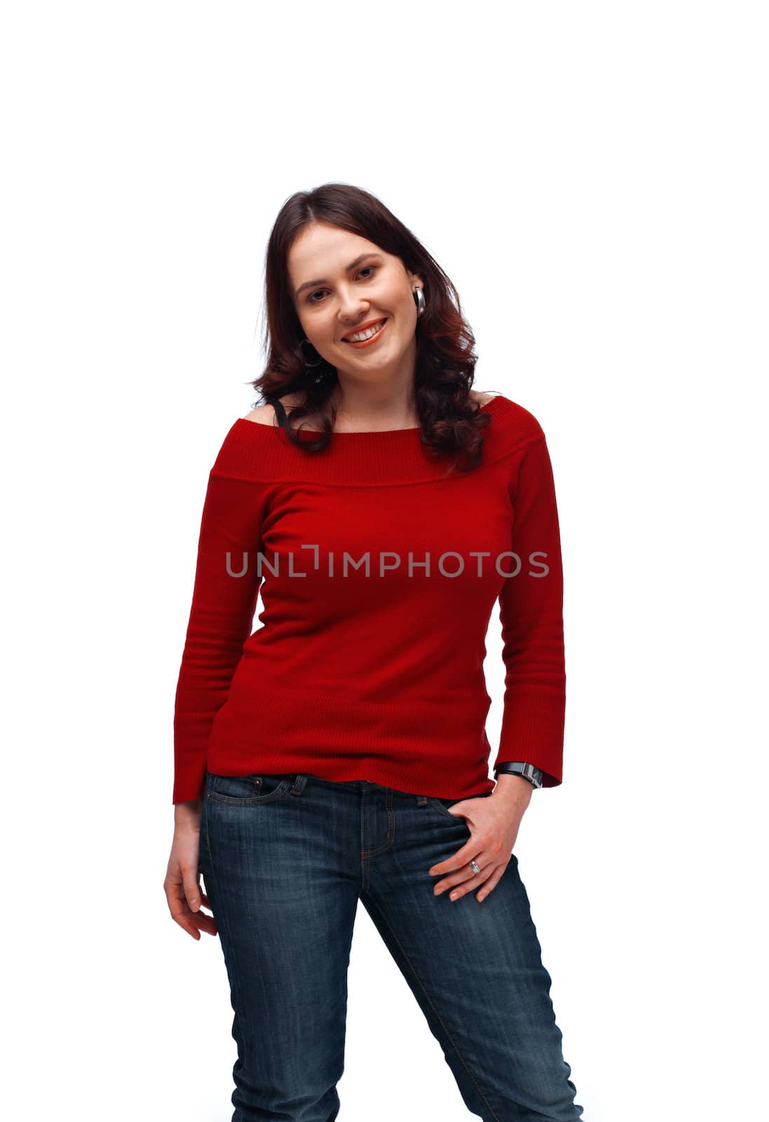 Portrait of an elegant young woman posing against white background 