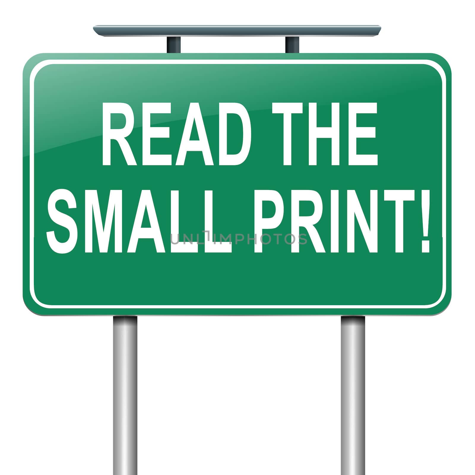 Illustration depicting a roadsign with a 'read the small print' concept. White background.