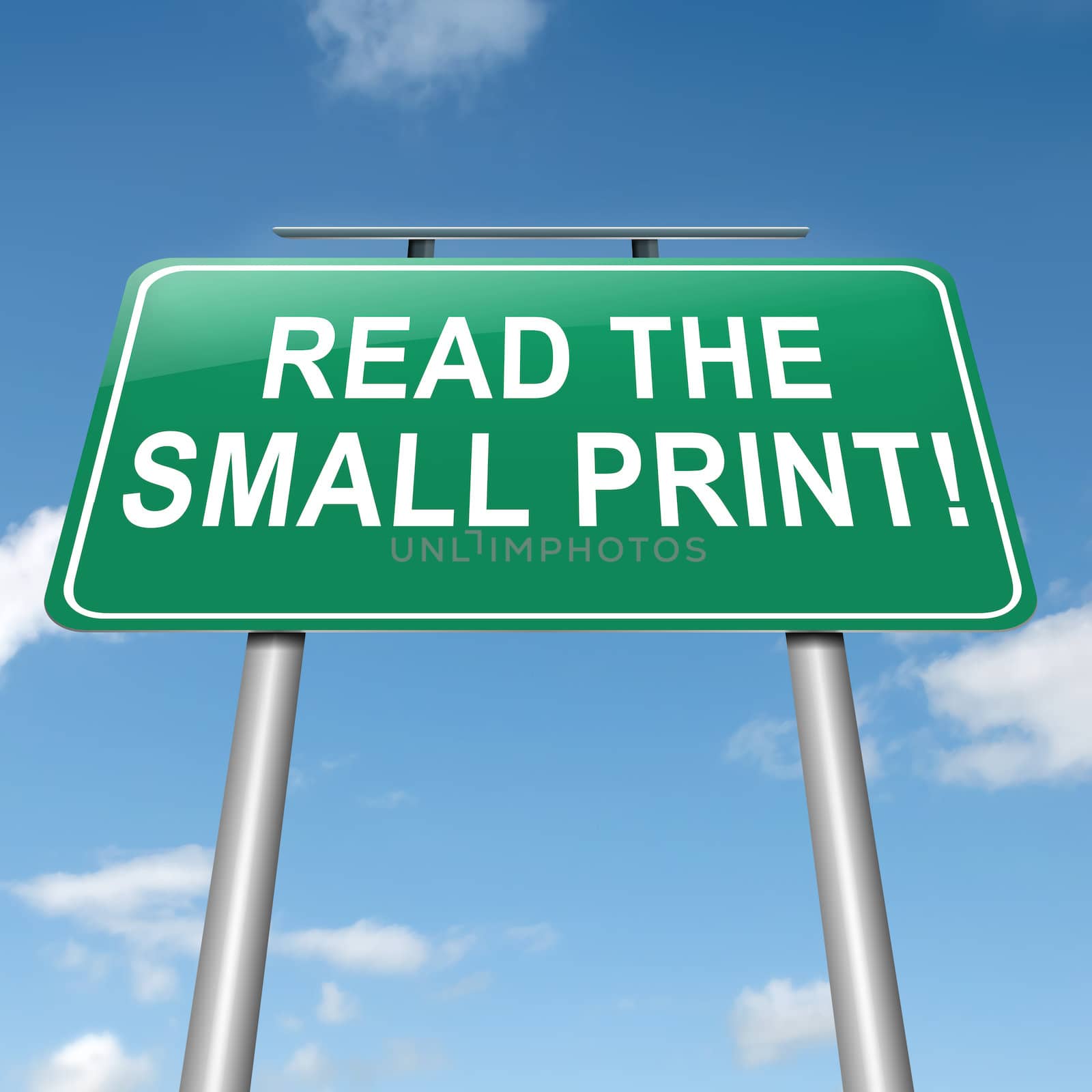 Illustration depicting a roadsign with a 'read the small print' concept. Sky background.