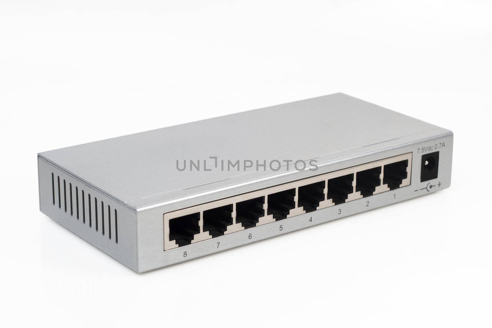 Eight port switch isolated on white background 
