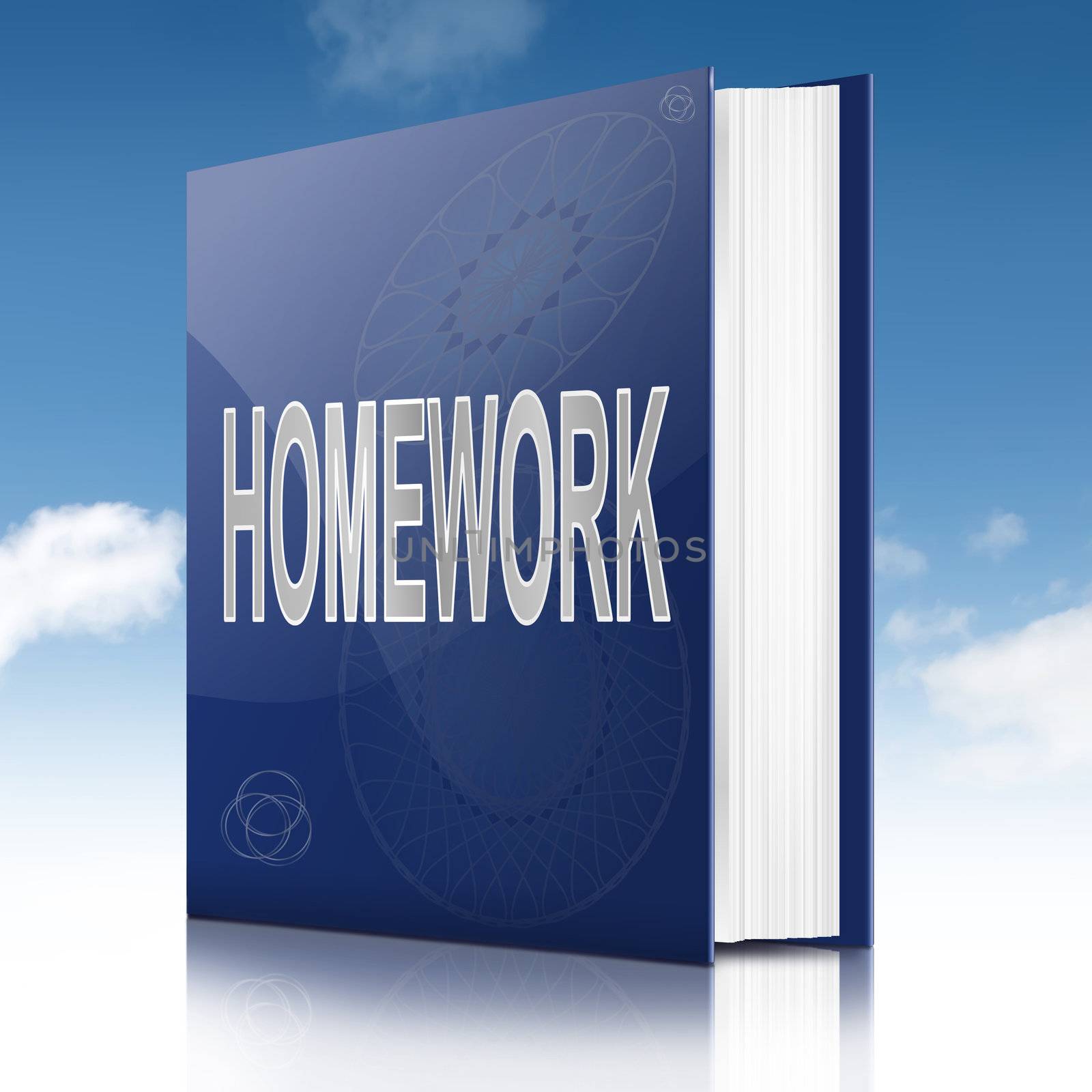 Illustration depicting a book with a homework concept title. Sky background.