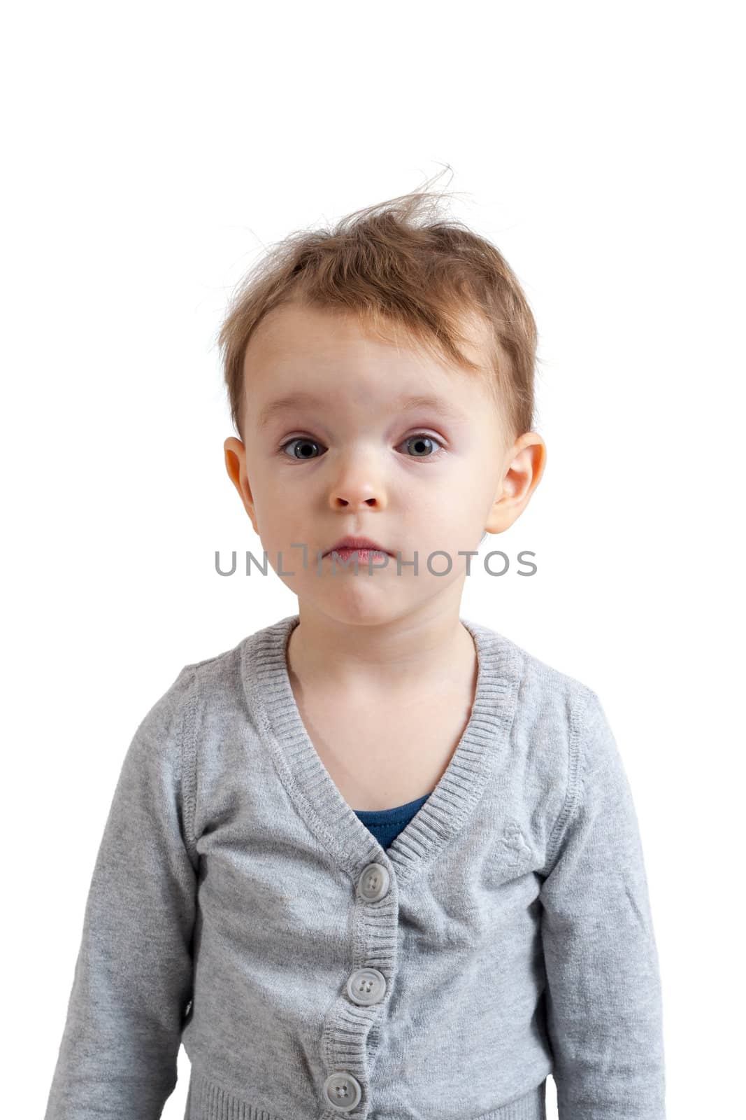 Little girl looking surprised - isolated on white background