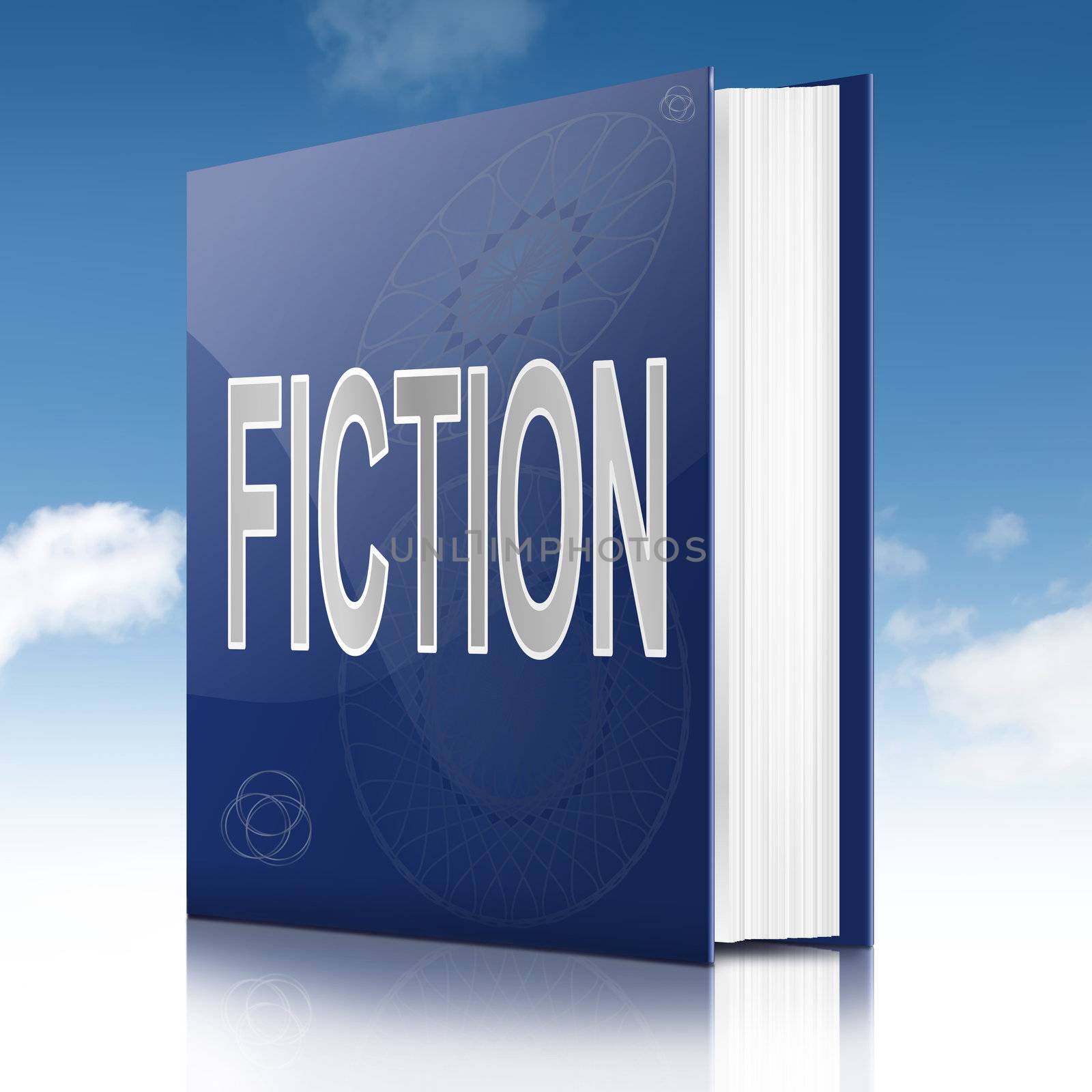 Illustration depicting a book with a fiction concept title. Sky background.
