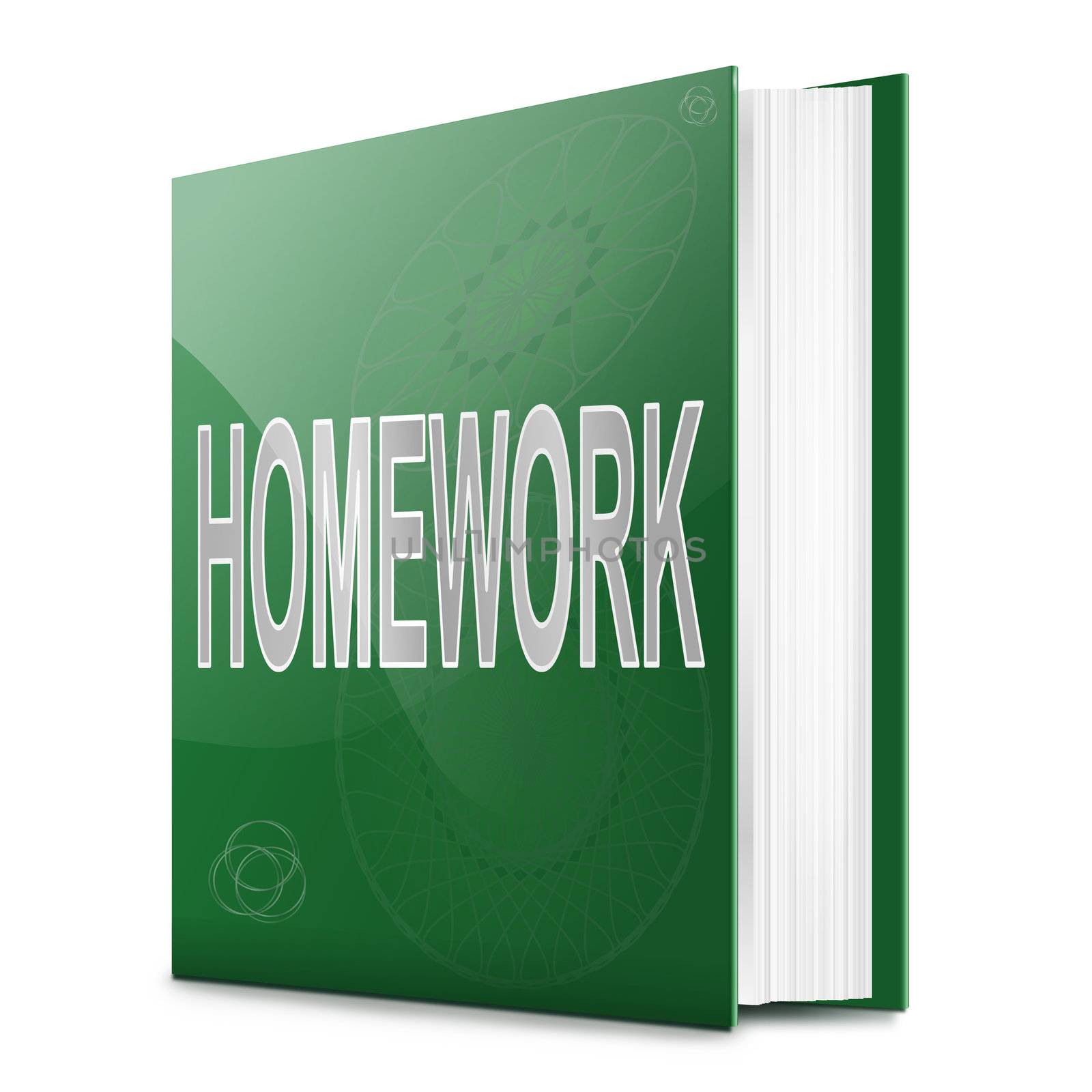 Illustration depicting a book with a homework concept title. White background.