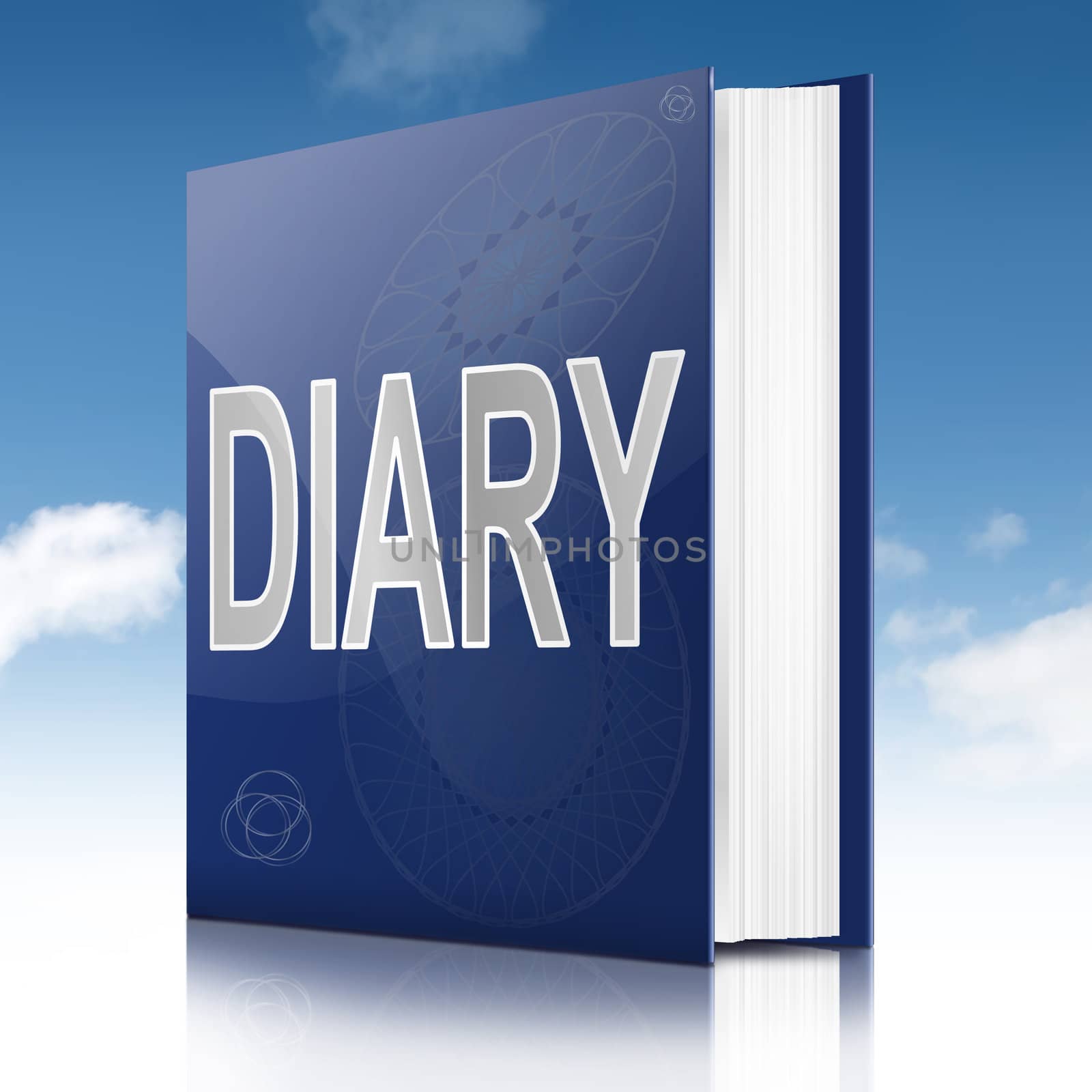 Illustration depicting a book with a diary concept title. Sky background.