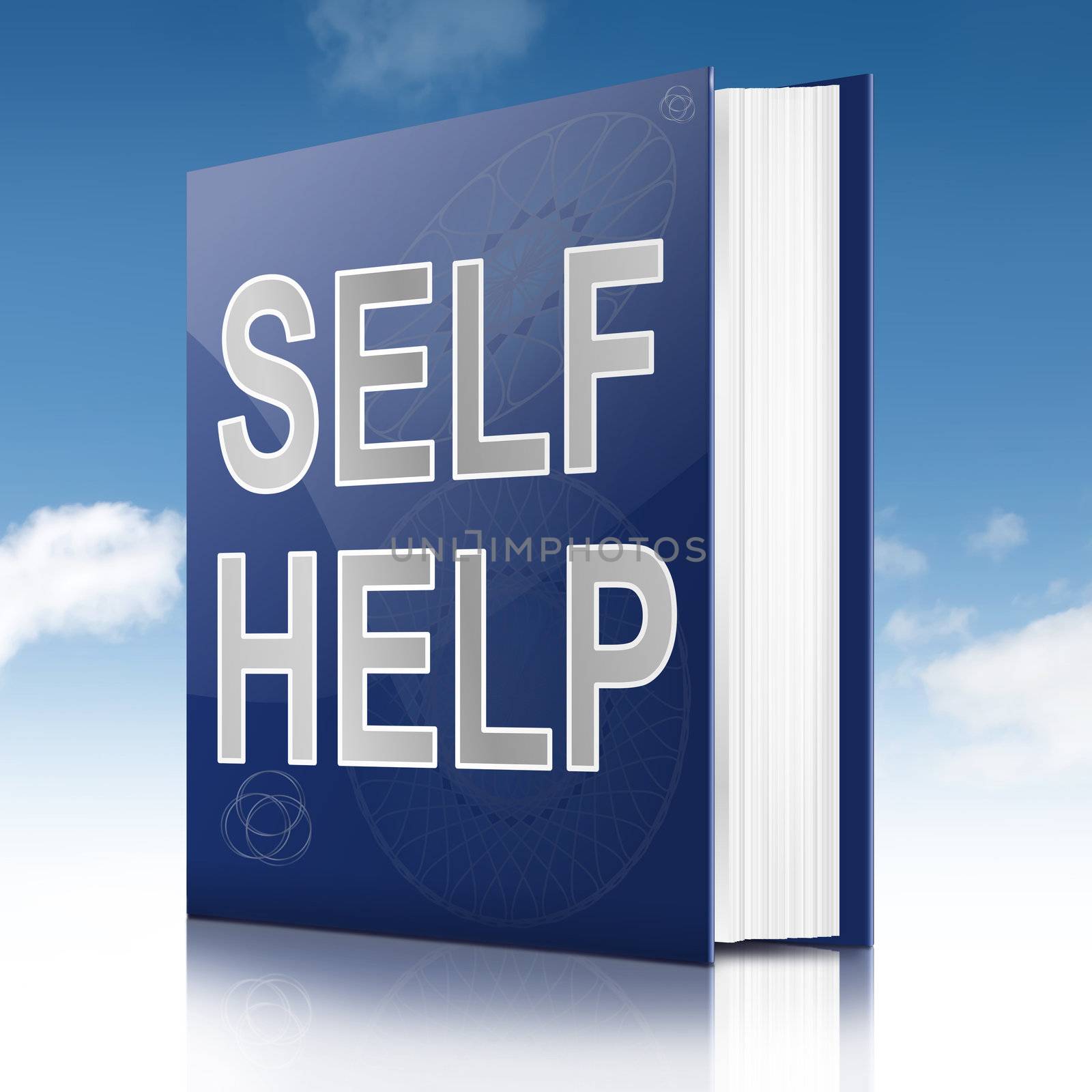 Illustration depicting a book with a self help concept title. Sky background.