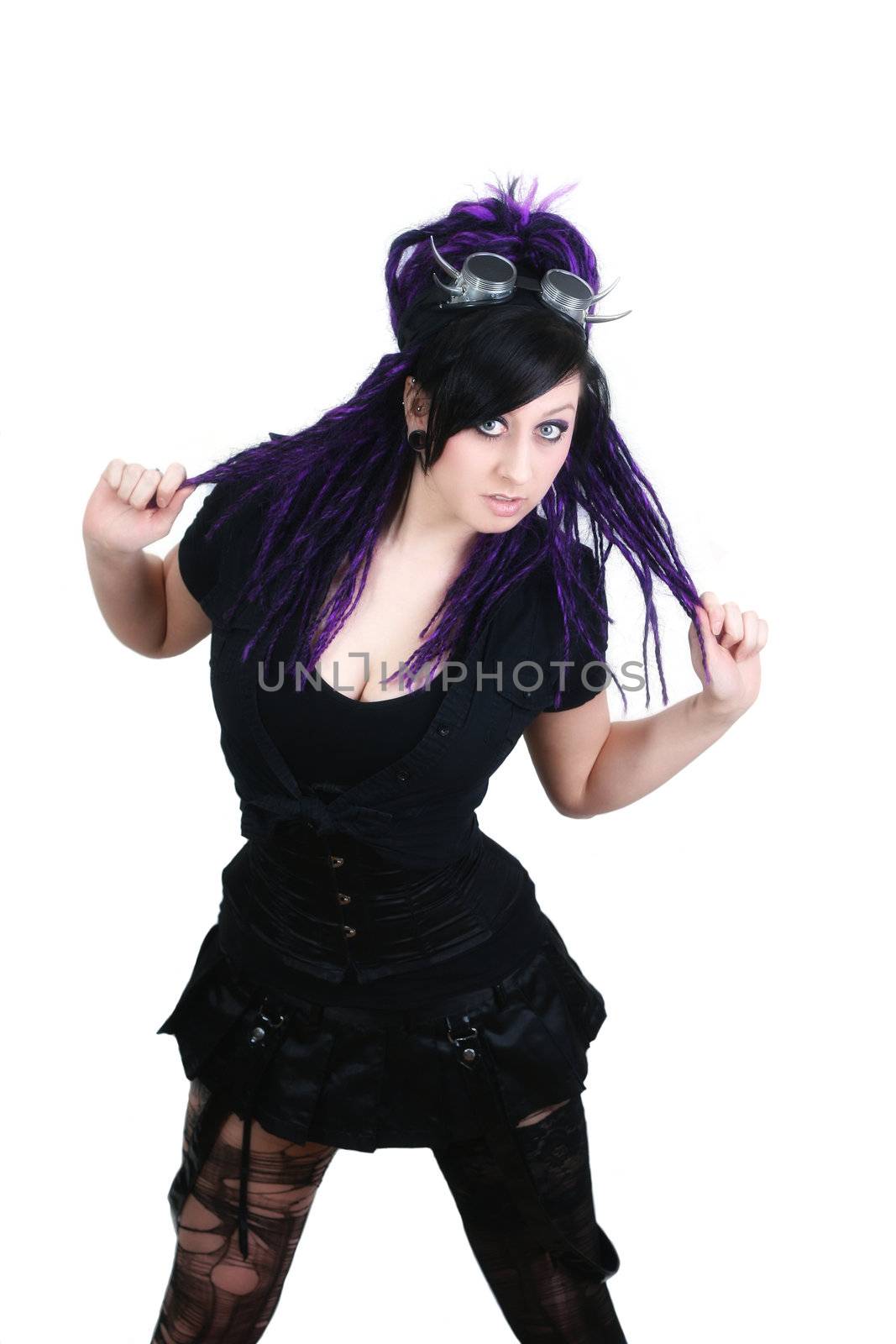 Gothic girl with cyberlox and cyber goggle - studio shot on white Background
