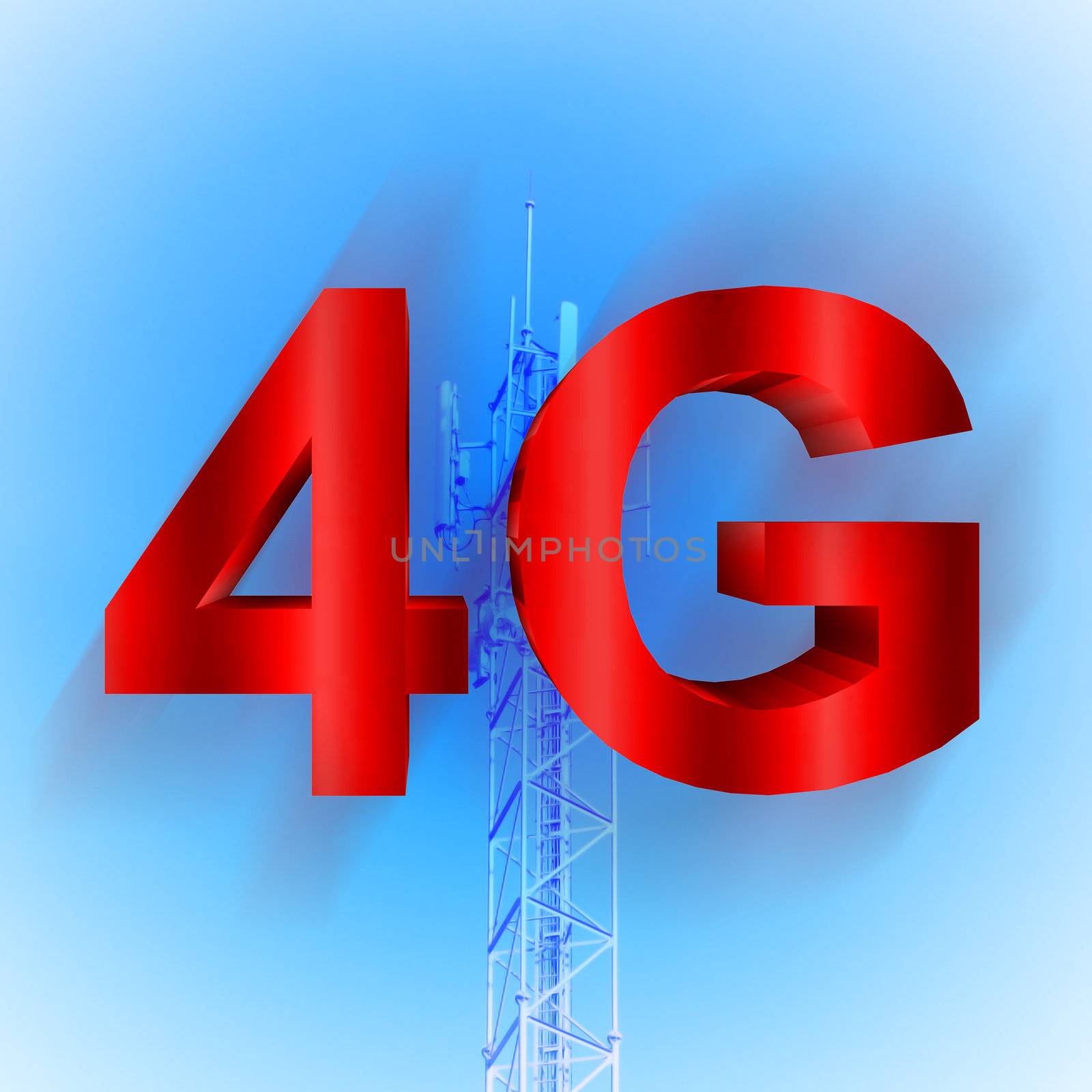 4G symbol with mobile telecommunication tower background