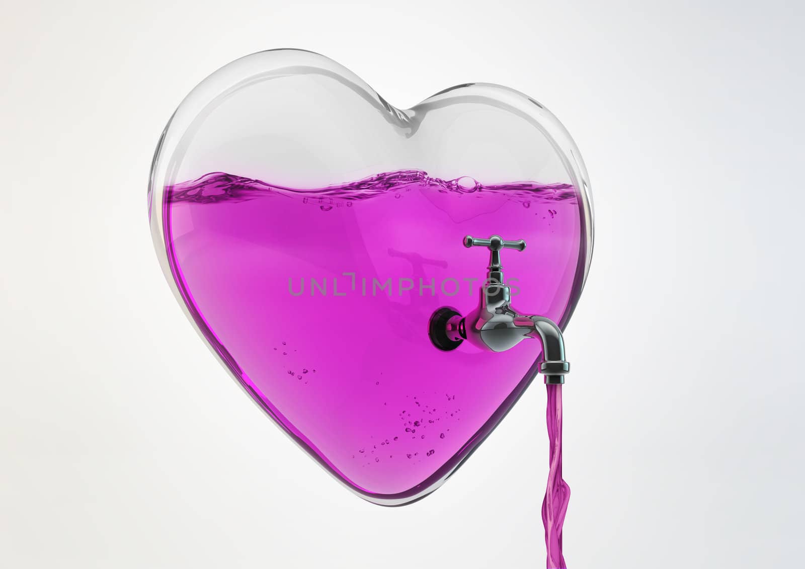 End of Love Concept 3d Illustration, A Glass Heart and love juice inside flowing from tap isolated on white background