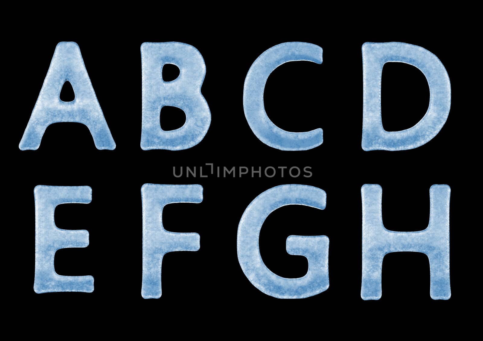 3d Typography of Snowy Ice Letters (Fonts) Alphabet including letter a,letter b,letter c,letter d,letter e,letter f,letter g,letter h isolated on black background.