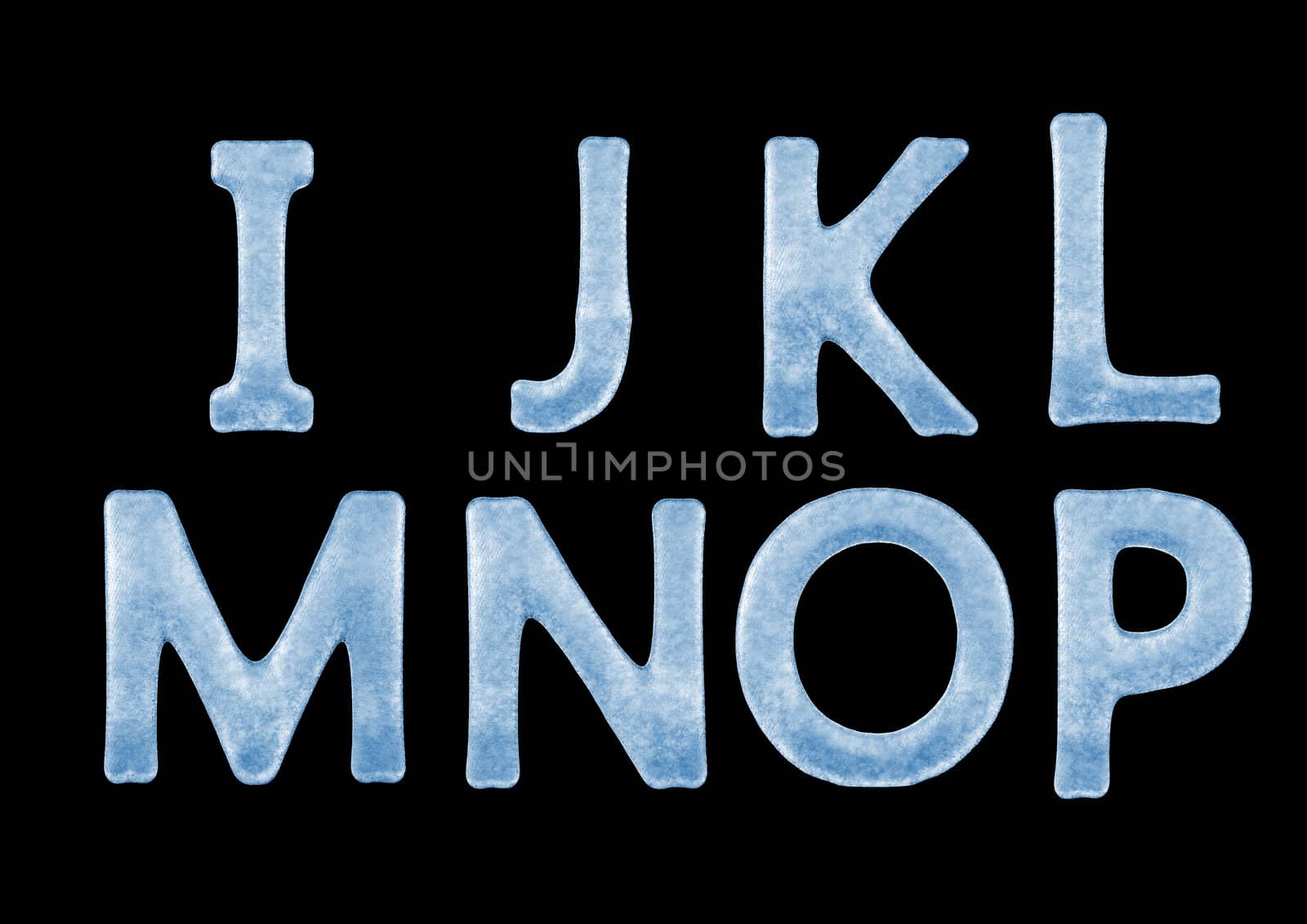 3d Typography of Snowy Ice Letters (Fonts) Alphabet including letter I,letter J,letter K,letter L,letter M,letter N,letter O,letter P isolated on black background.