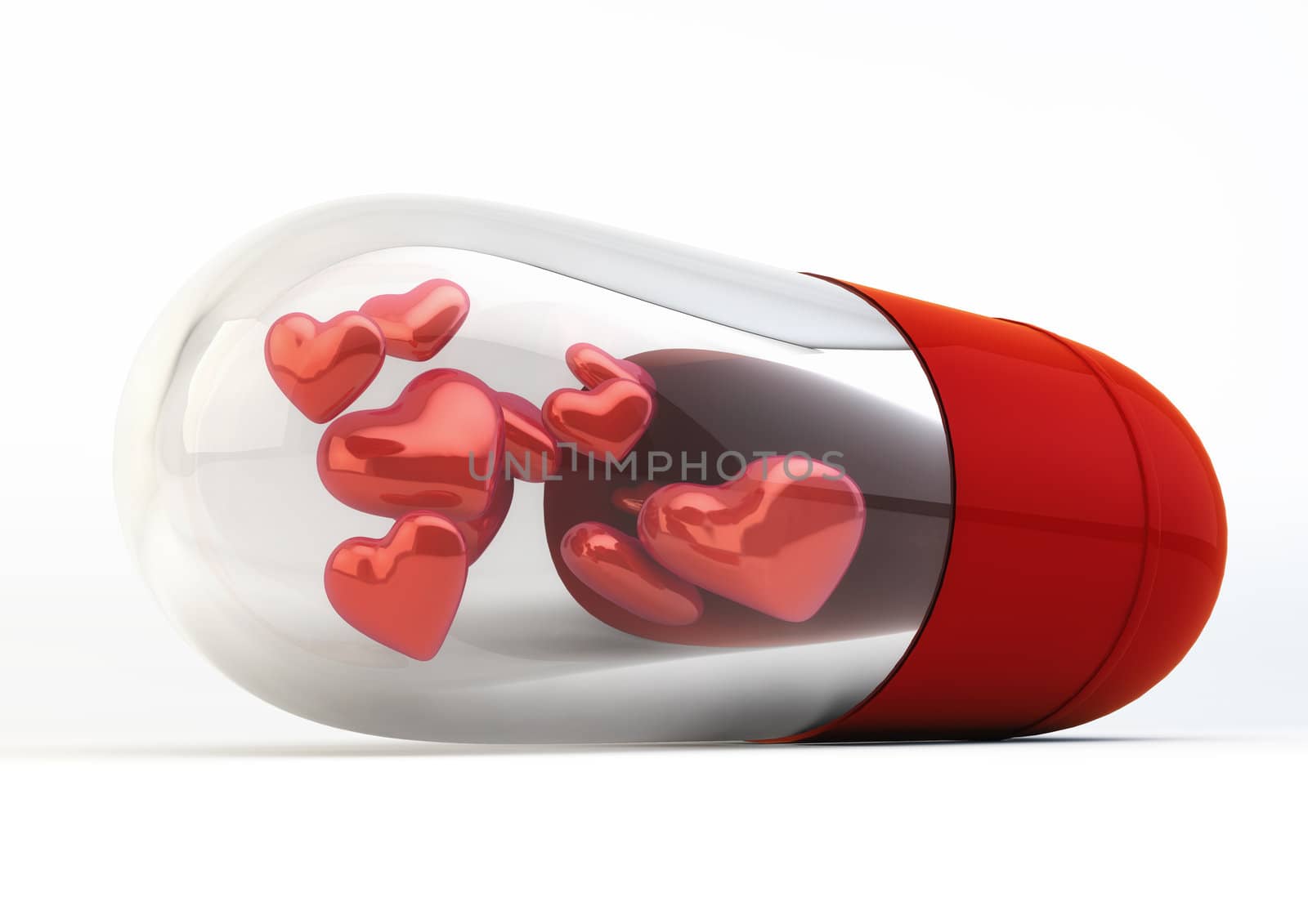 Red Love Pills inside capsule 3d Illustration isolated on white background