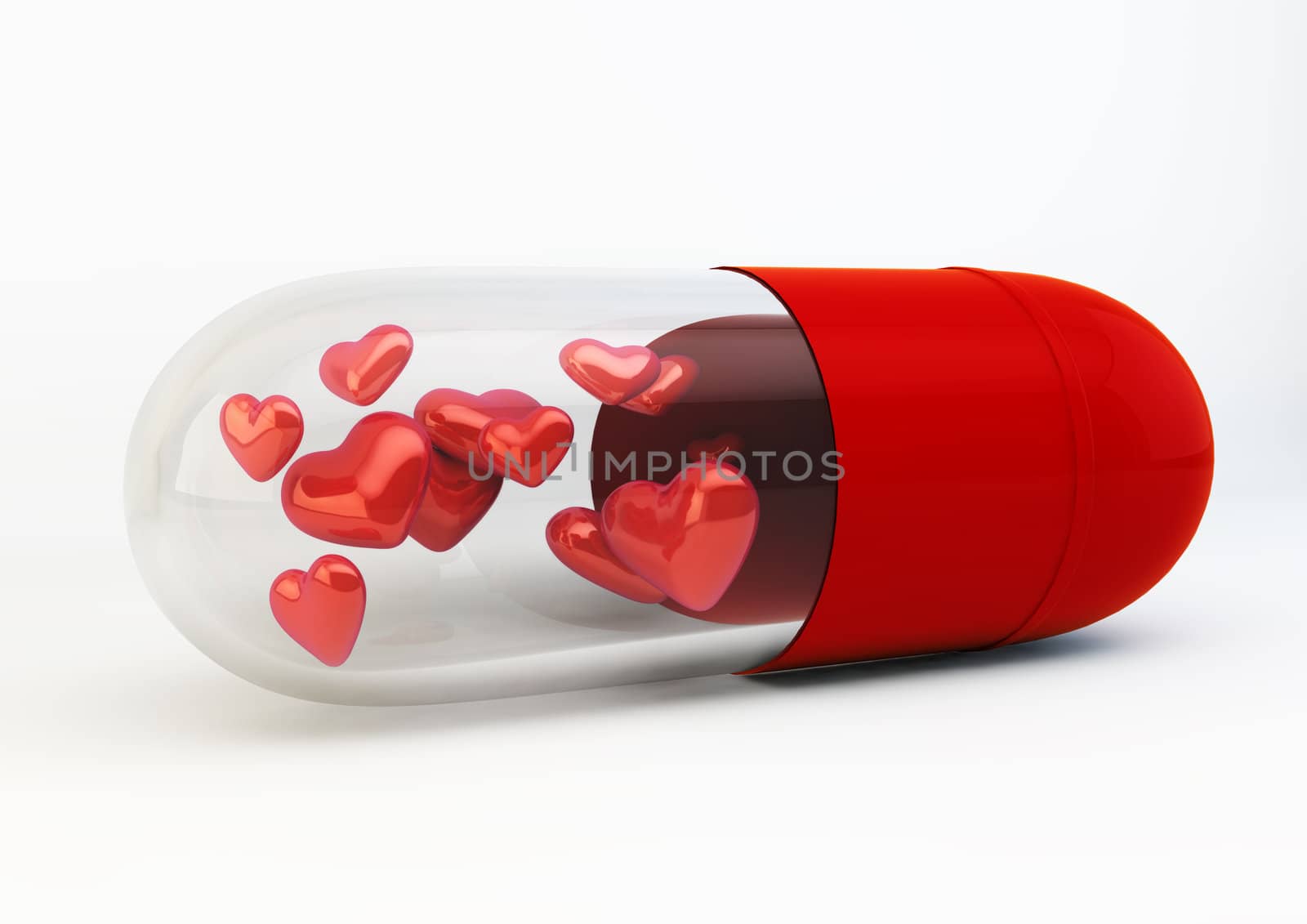 Red Love Pills inside capsule 3d Illustration isolated on white background