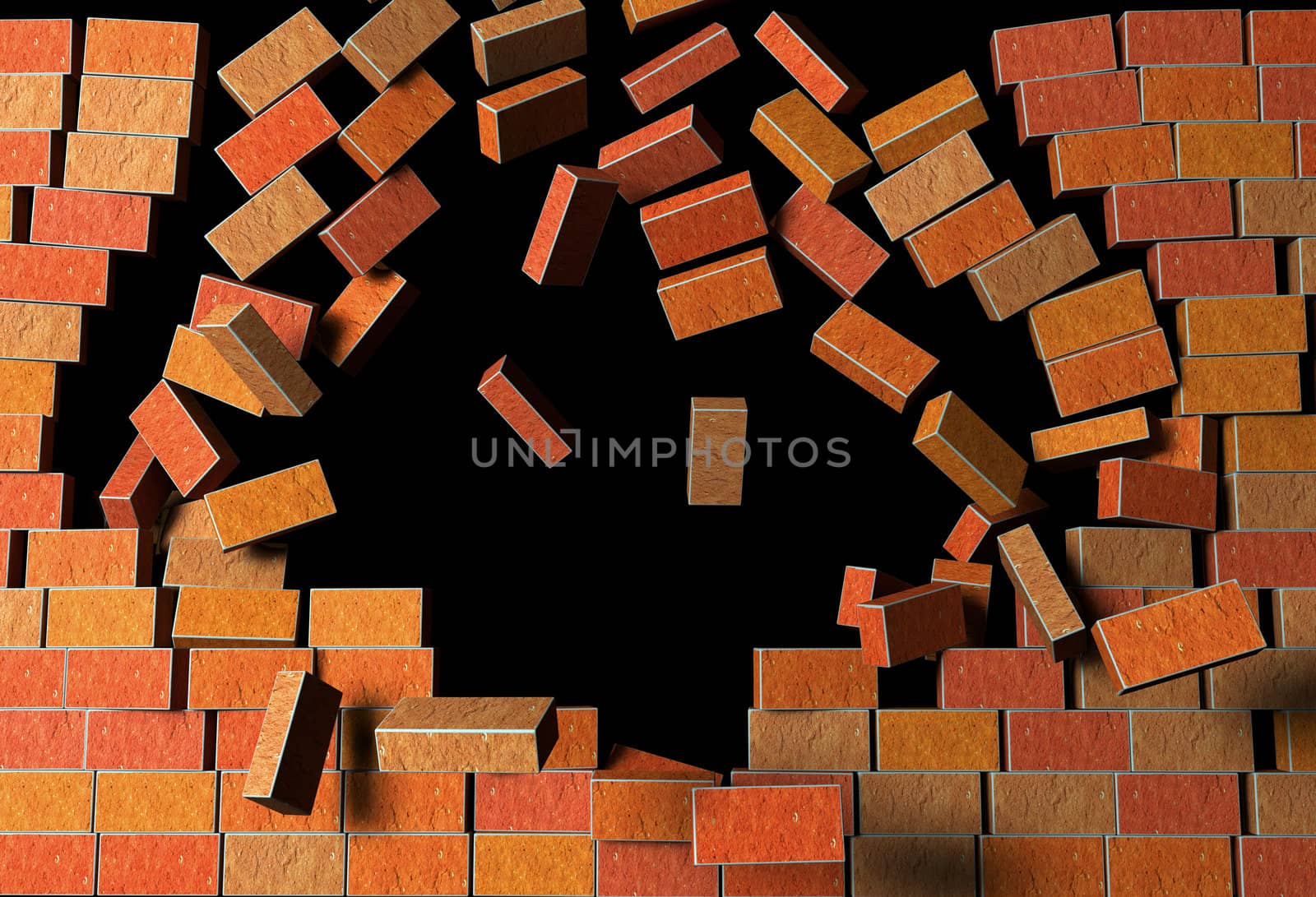 3d Render Illustration of "Brick Wall"  Explodes on Black Background