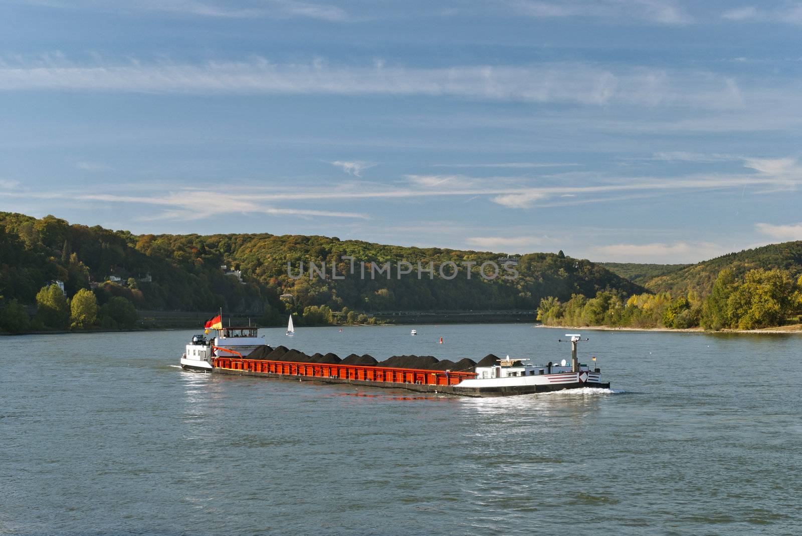 Cargo ship transporting coal. River Rhein, Germany