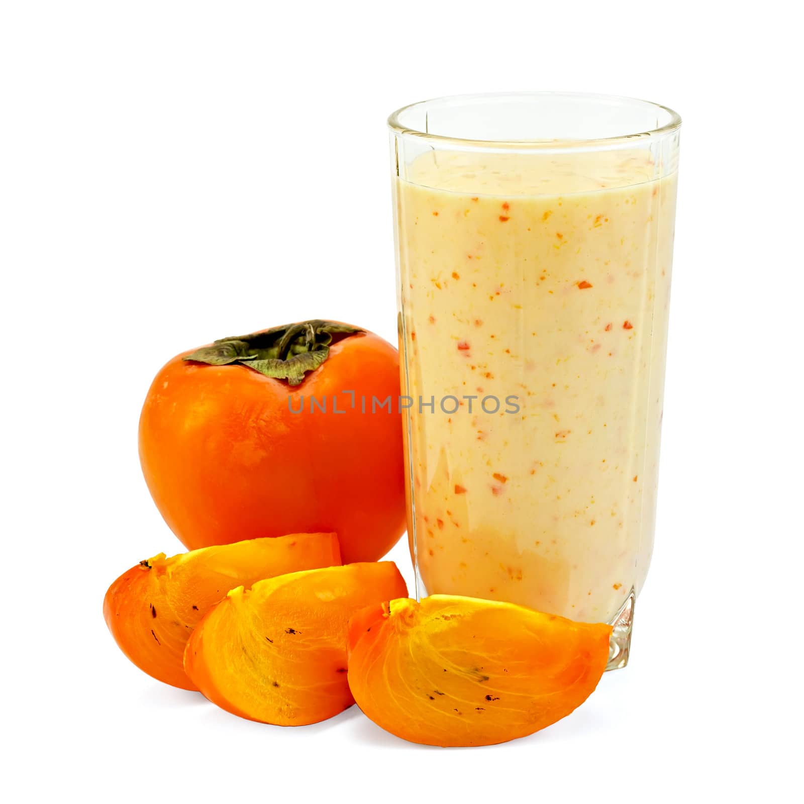 Dairy cocktail in the high glass beaker with persimmon isolated on white background