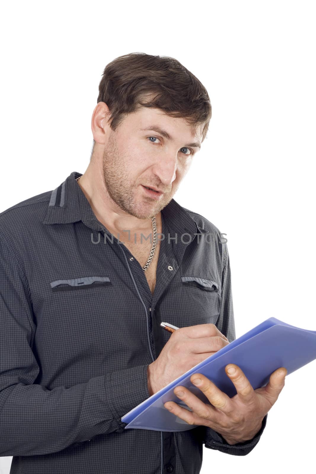 Smiley businessman with pen and folder. isolated on white.
