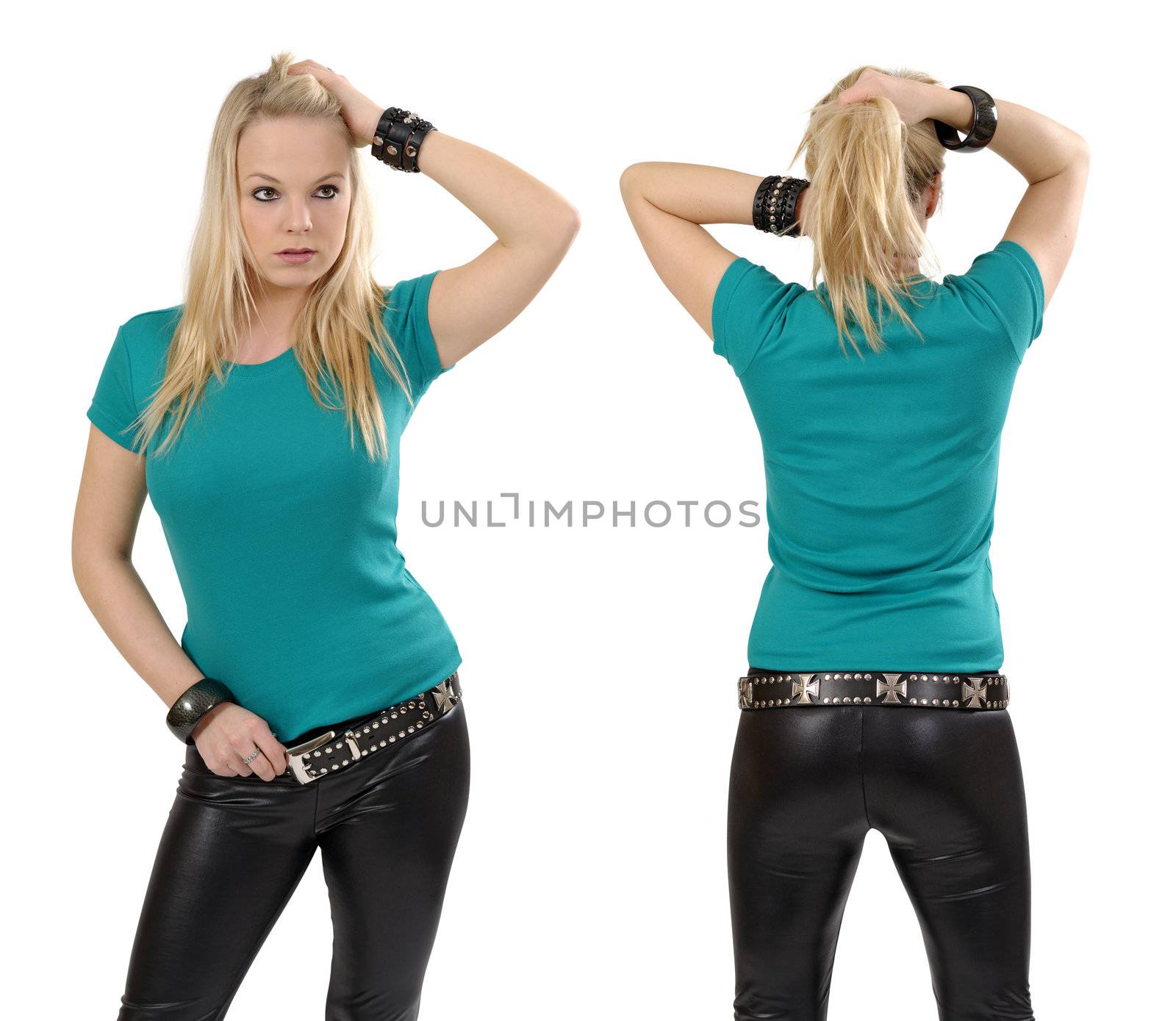 Young beautiful blond female posing with a blank jade t-shirt, front and back view. Ready for your design or artwork.
