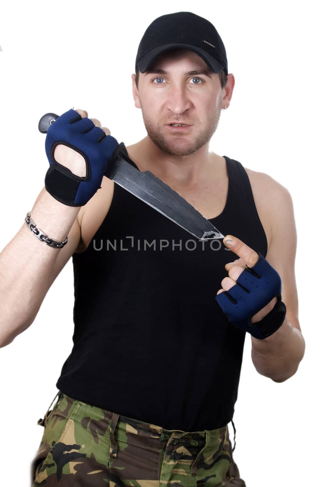 Soldier with knife over white background
