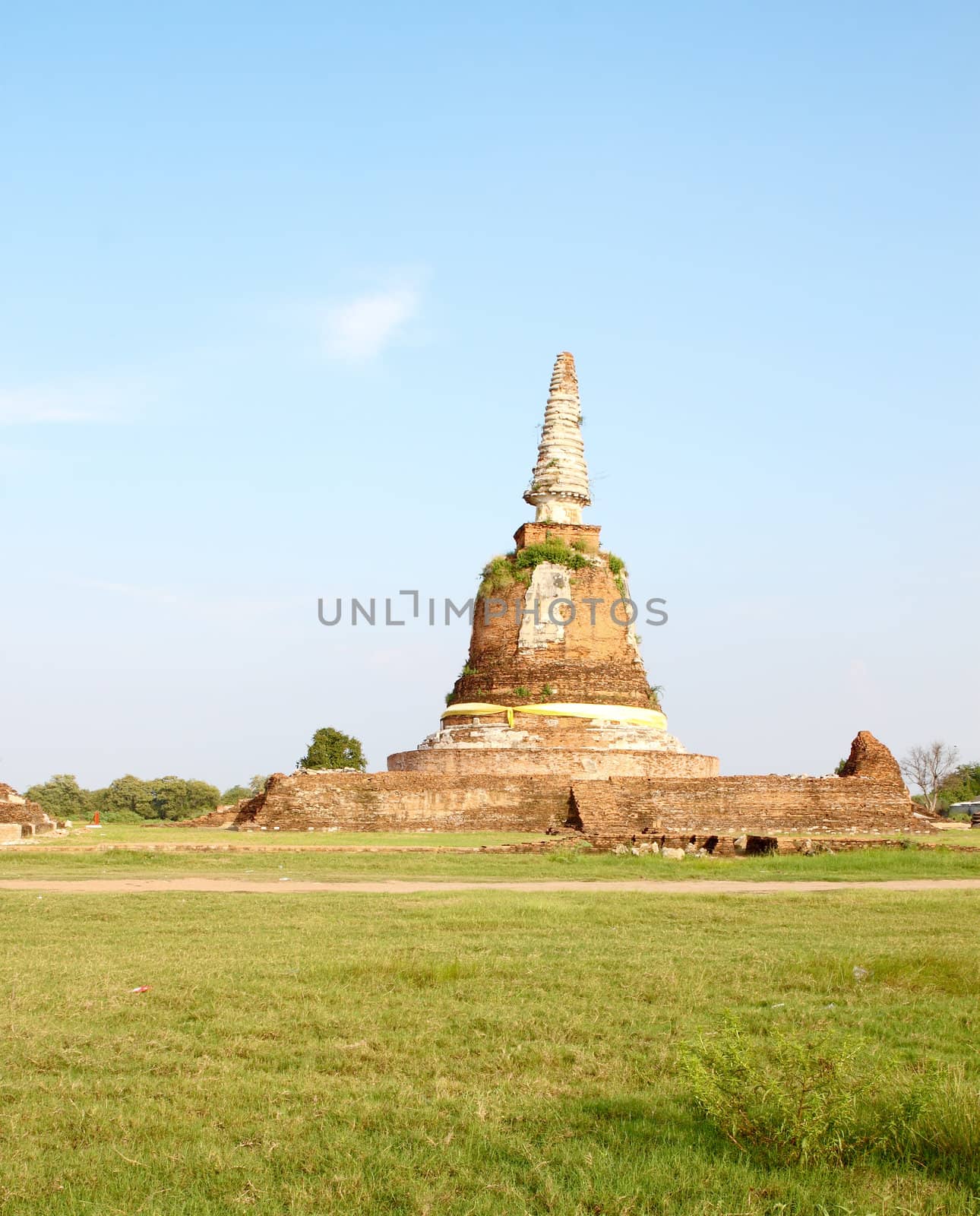 ancient pagoda in ruined old temple at Ayutthaya historical park by geargodz