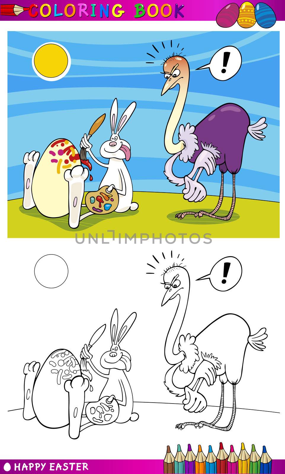 Coloring Book or Page Cartoon Illustration of Easter Bunny Painting on Eggs Shells