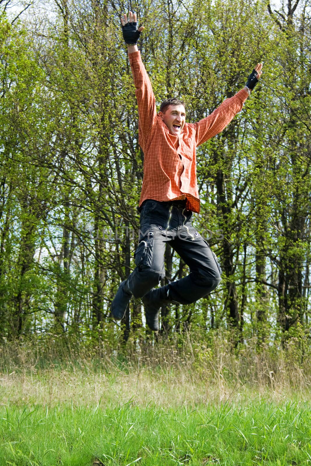 Happy man on meadow jumping in the air 