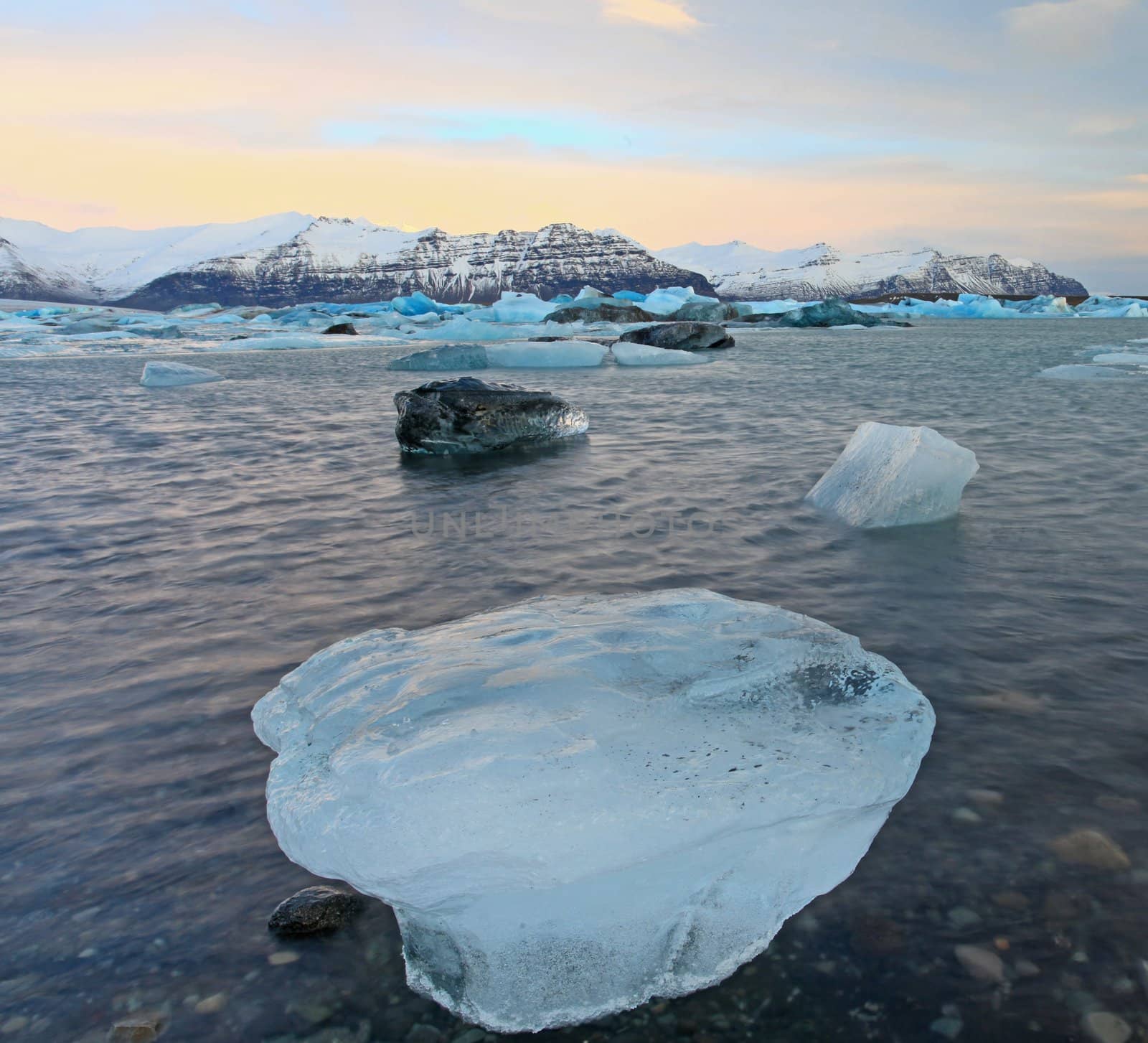 The glacier lagoon at sunrise in vatnajokull national parl
