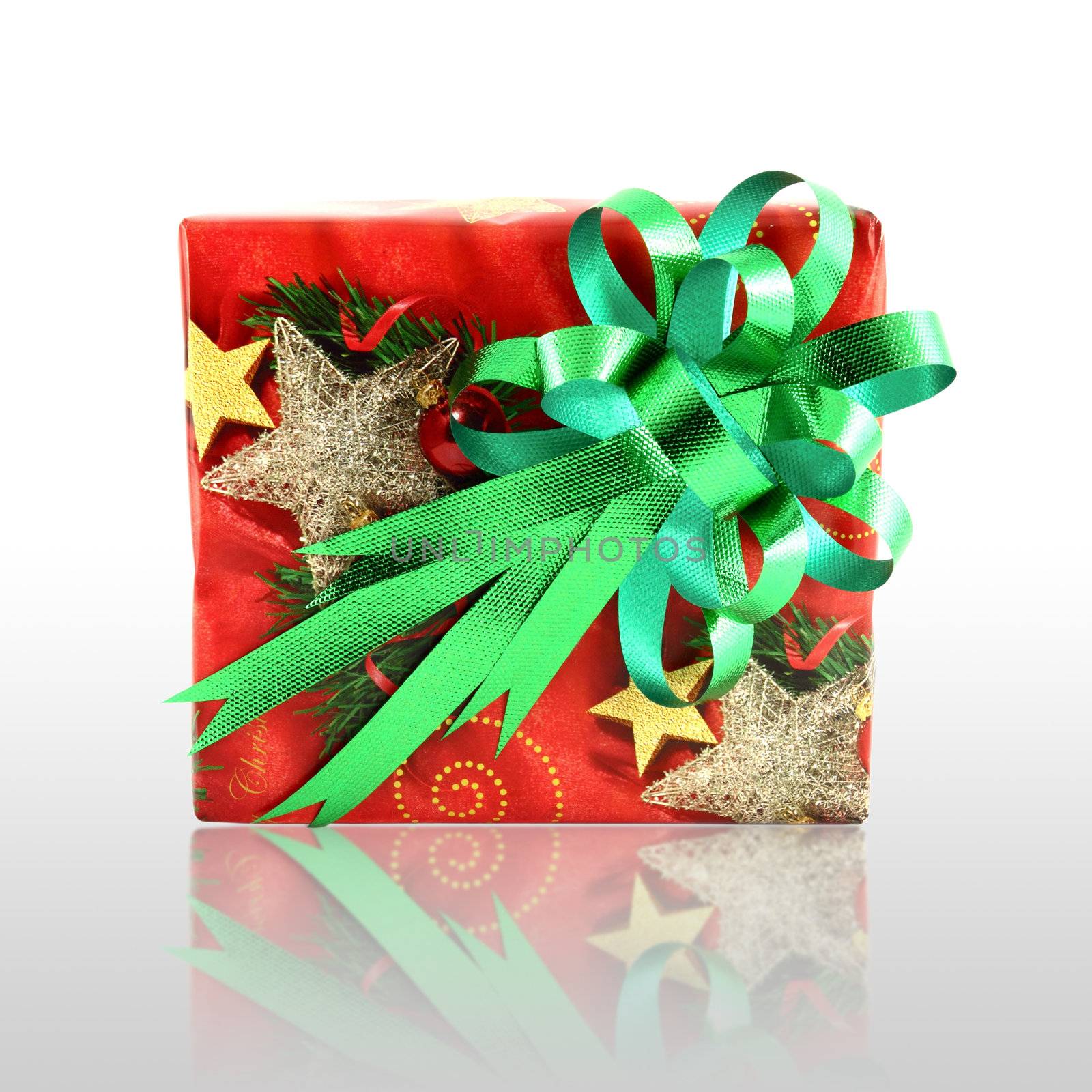Christmas gift box with green bow with shadow