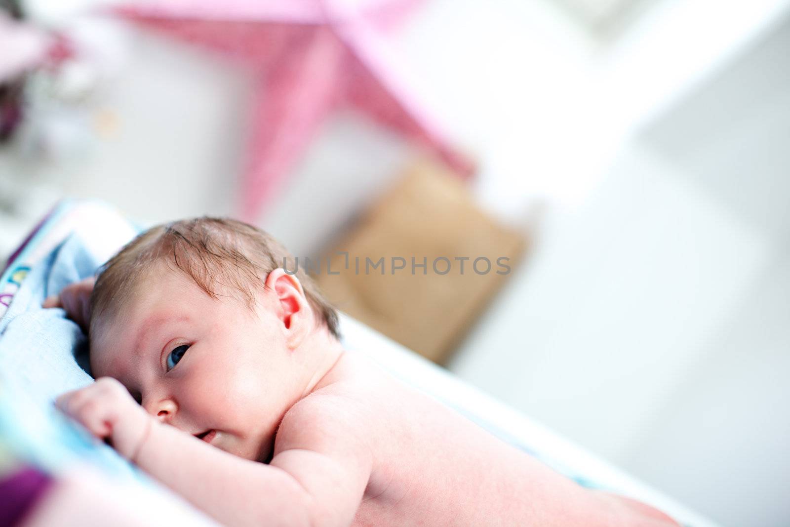 Cute inquisitive newborn baby lying on its stomach on a blanket keeping a watchful eye on its surroundings with copyspace