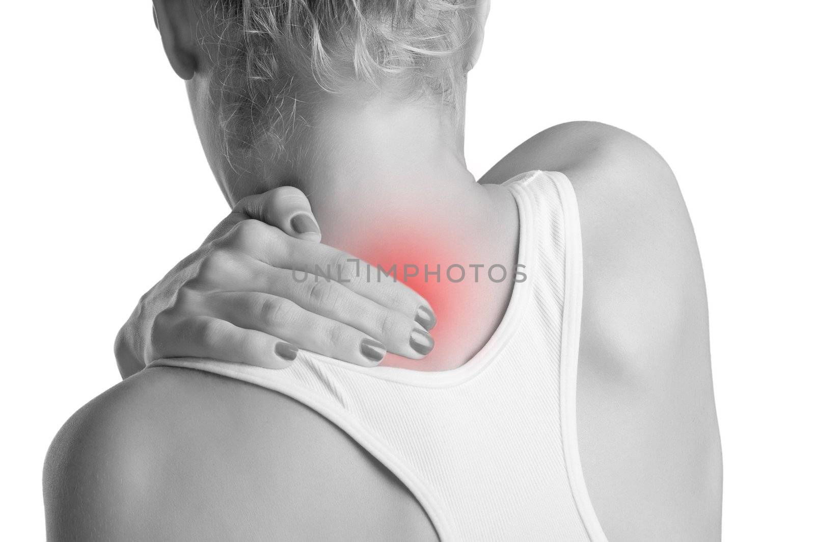 Young woman with pain in the back of her neck, black and white, red spot around painfull area