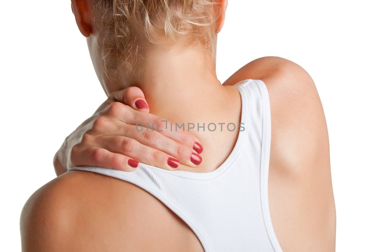 Young woman with pain in the back of her neck, isolated in a white background