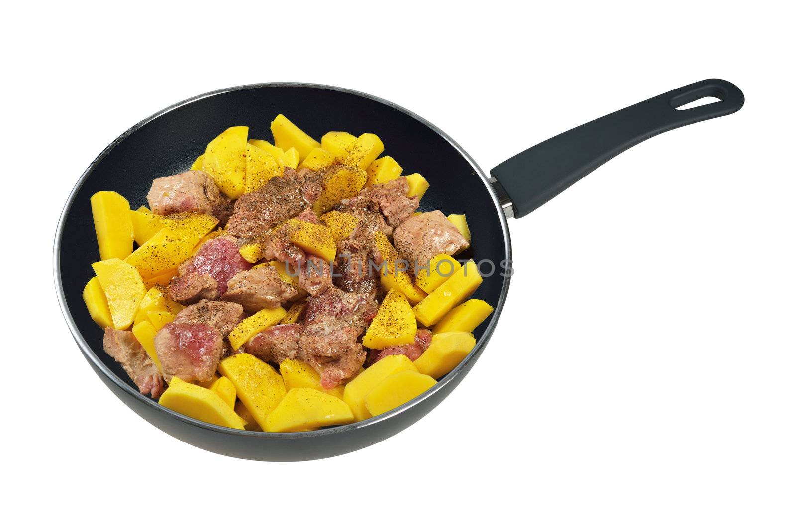 Pan with meat and potatoes. Isolated on white.