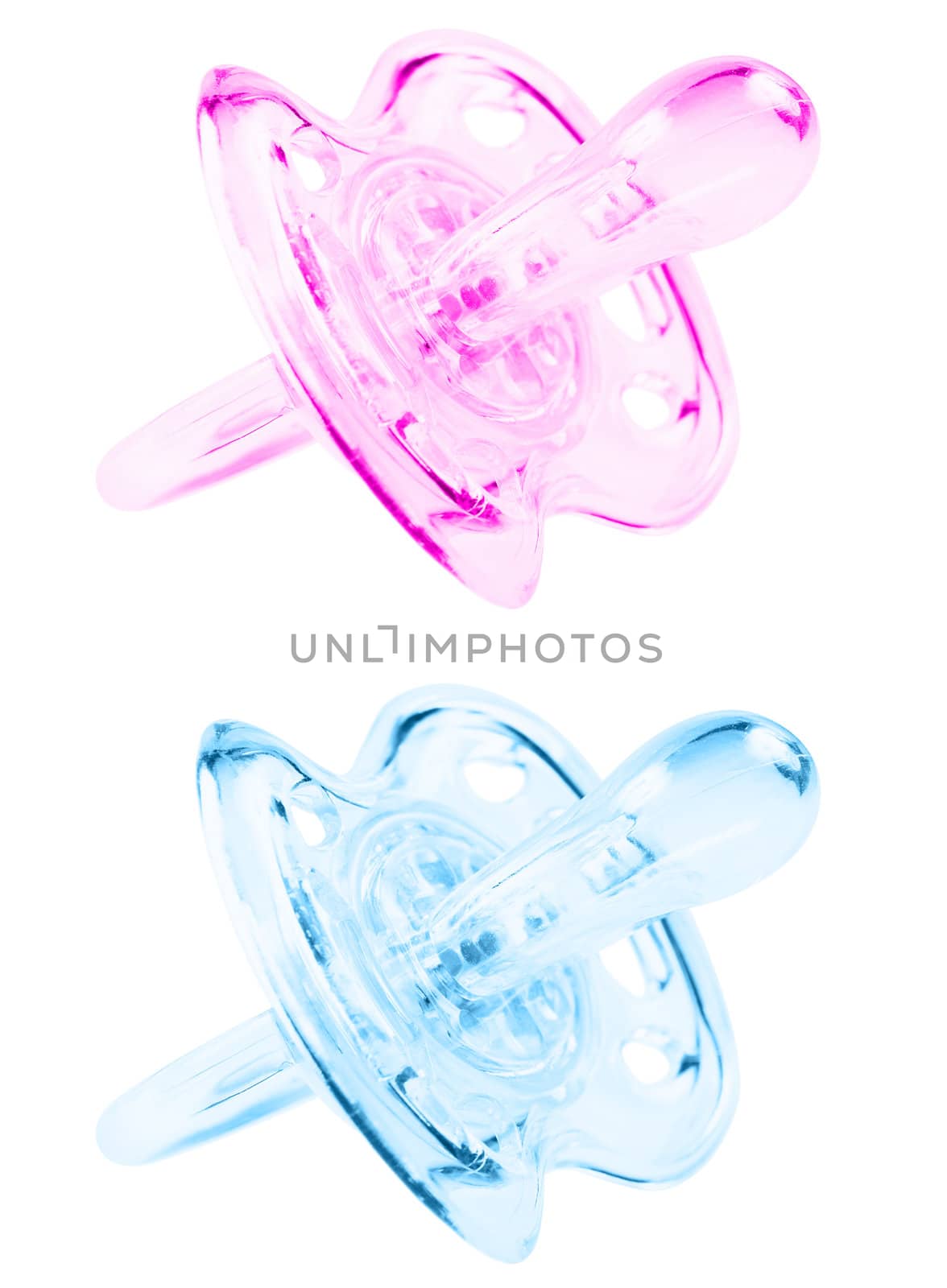 Blue and pink pacifier. Isolated on white background