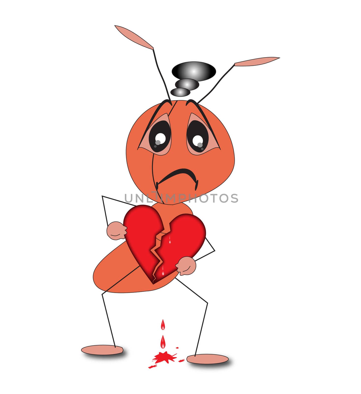 A depressed ant holding a broken heart