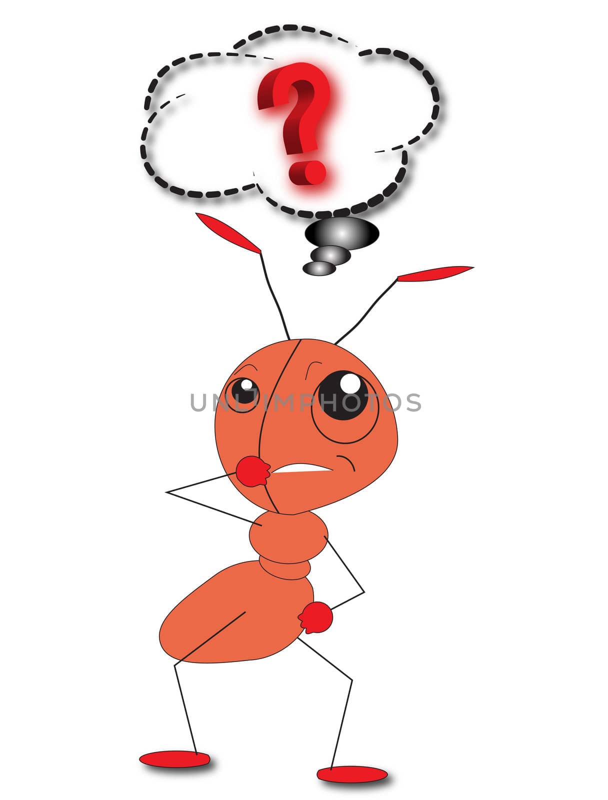 Cartoon ant has a question. A question mark above his head.