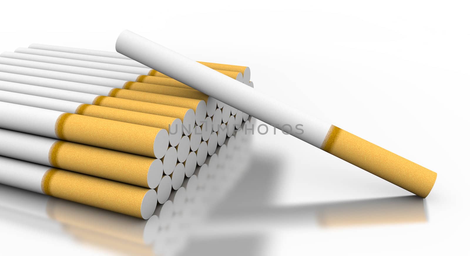 A lot of cigarettes with one fallen isolated on white background