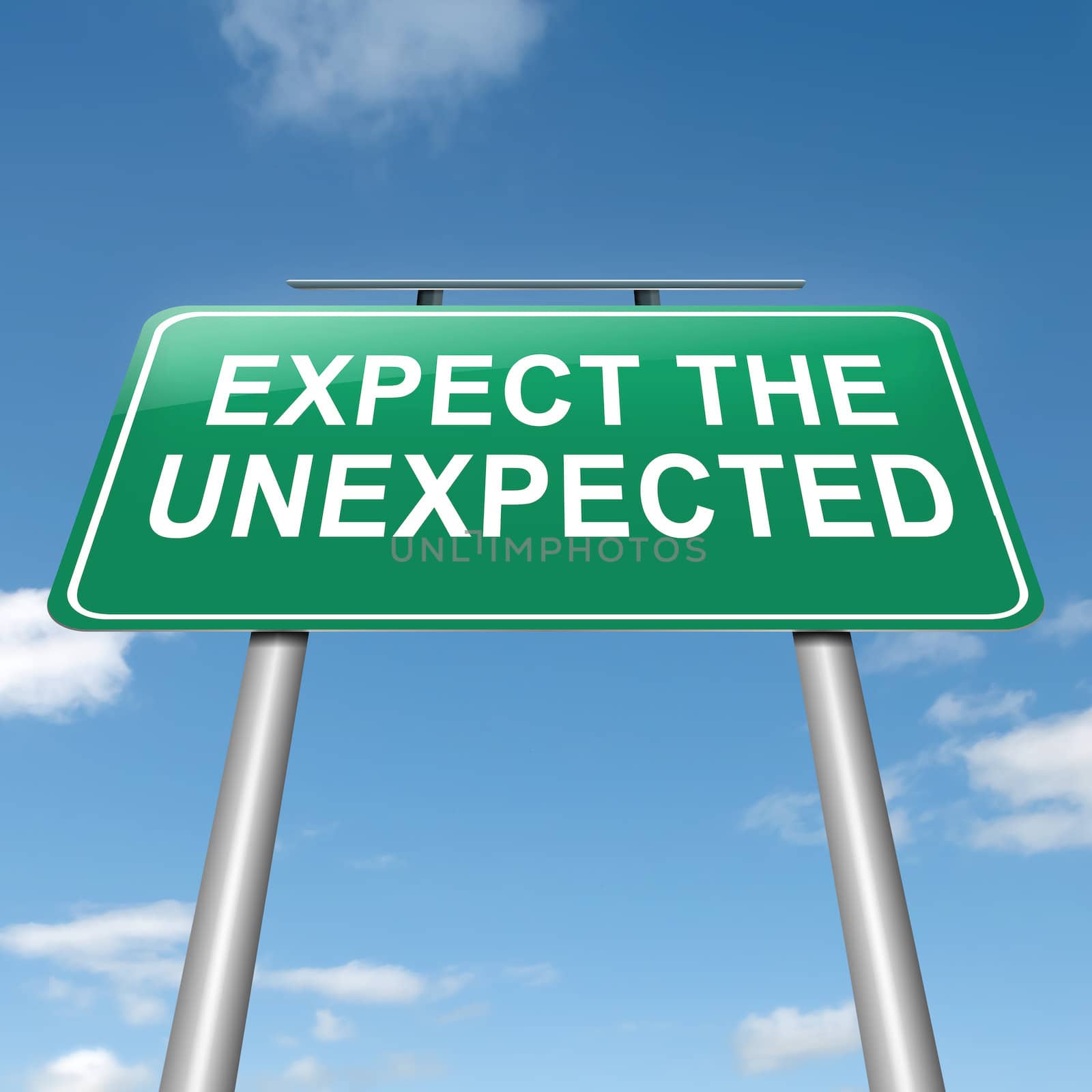 Illustration depicting a roadsign with an 'expect the unexpected' concept. Sky background.