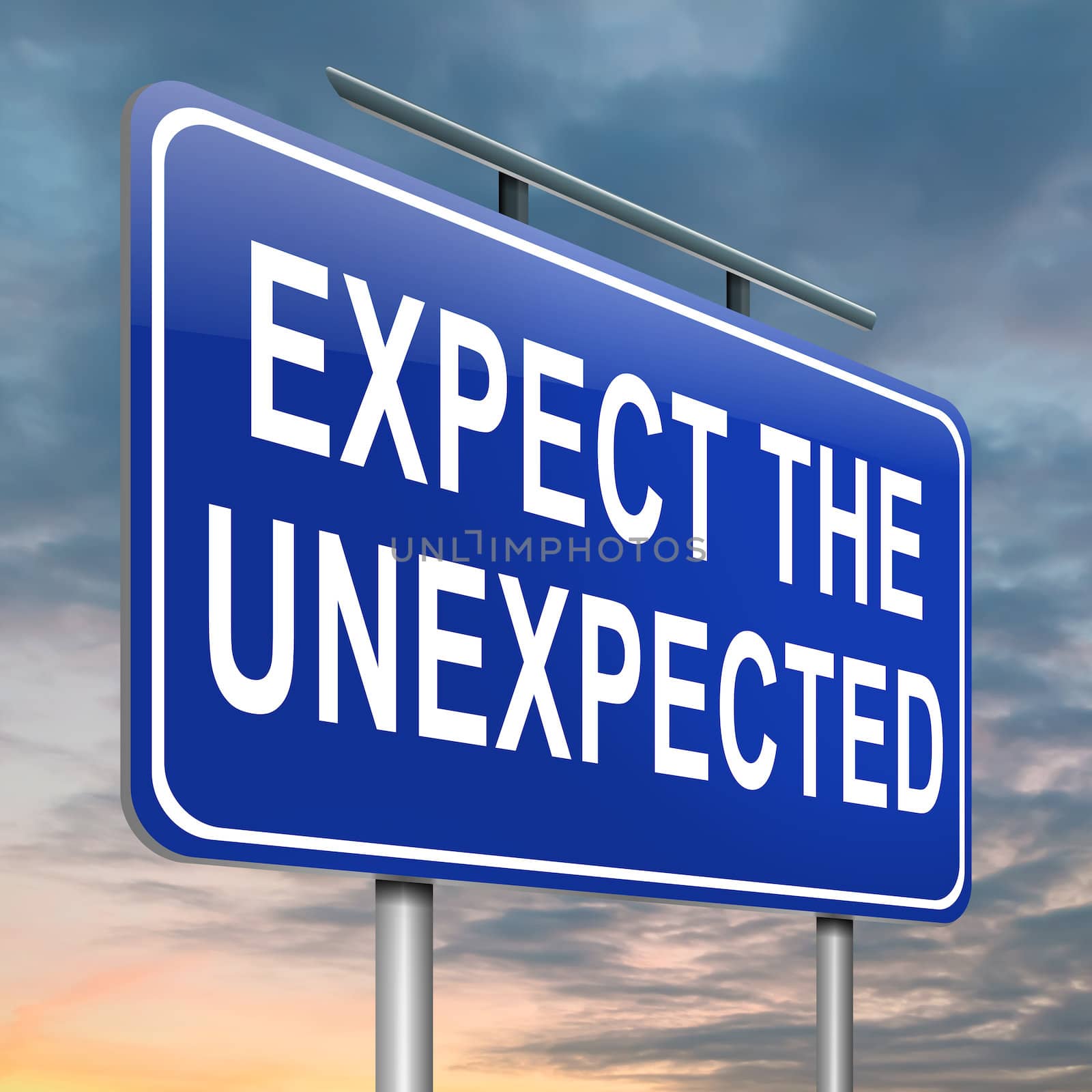 Illustration depicting a roadsign with an 'expect the unexpected' concept. Sky background.