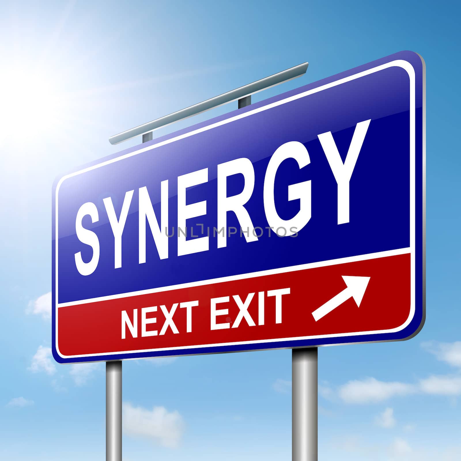 Illustration depicting a roadsign with synergy concept. Strong sunlight background.