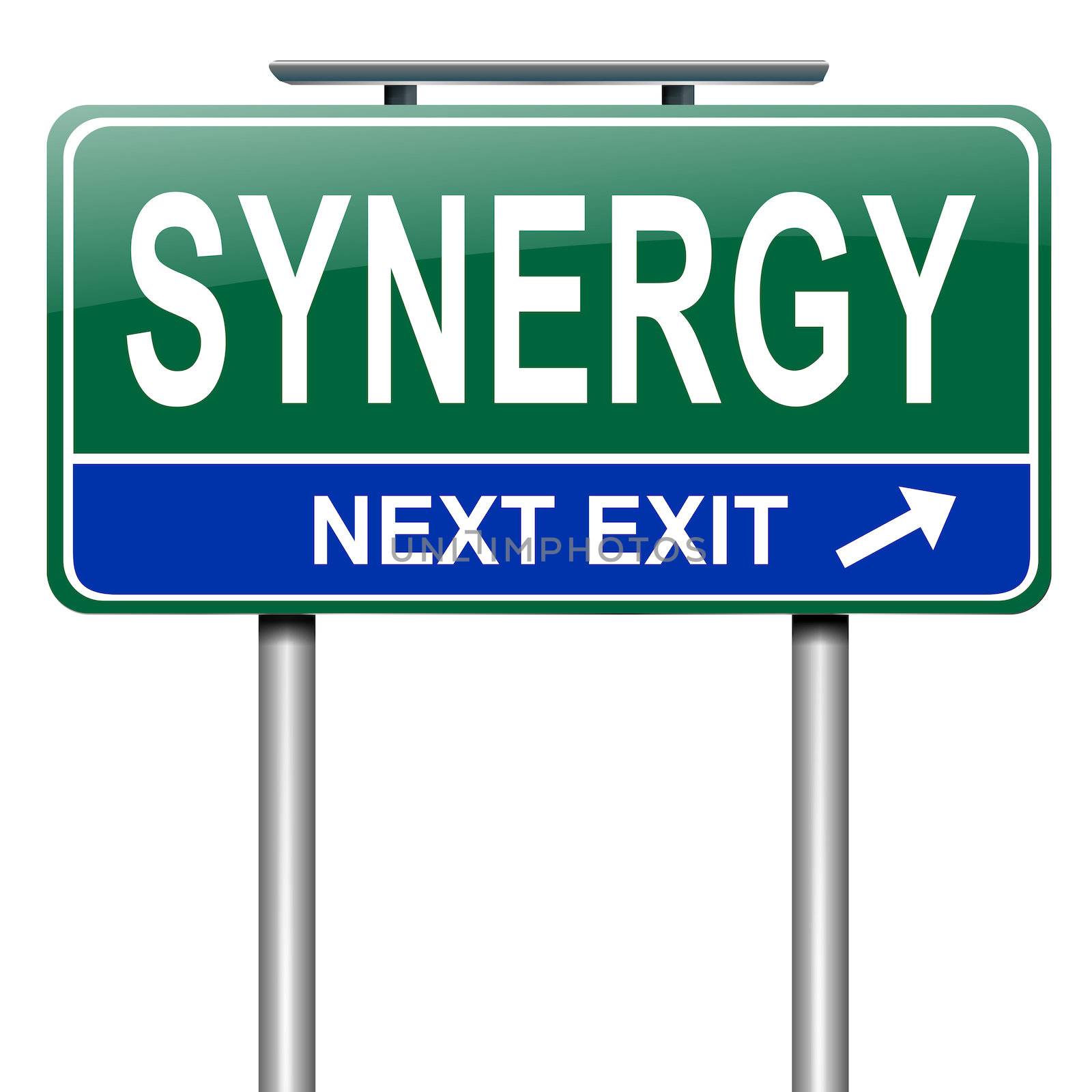 Illustration depicting a roadsign with synergy concept. White background.