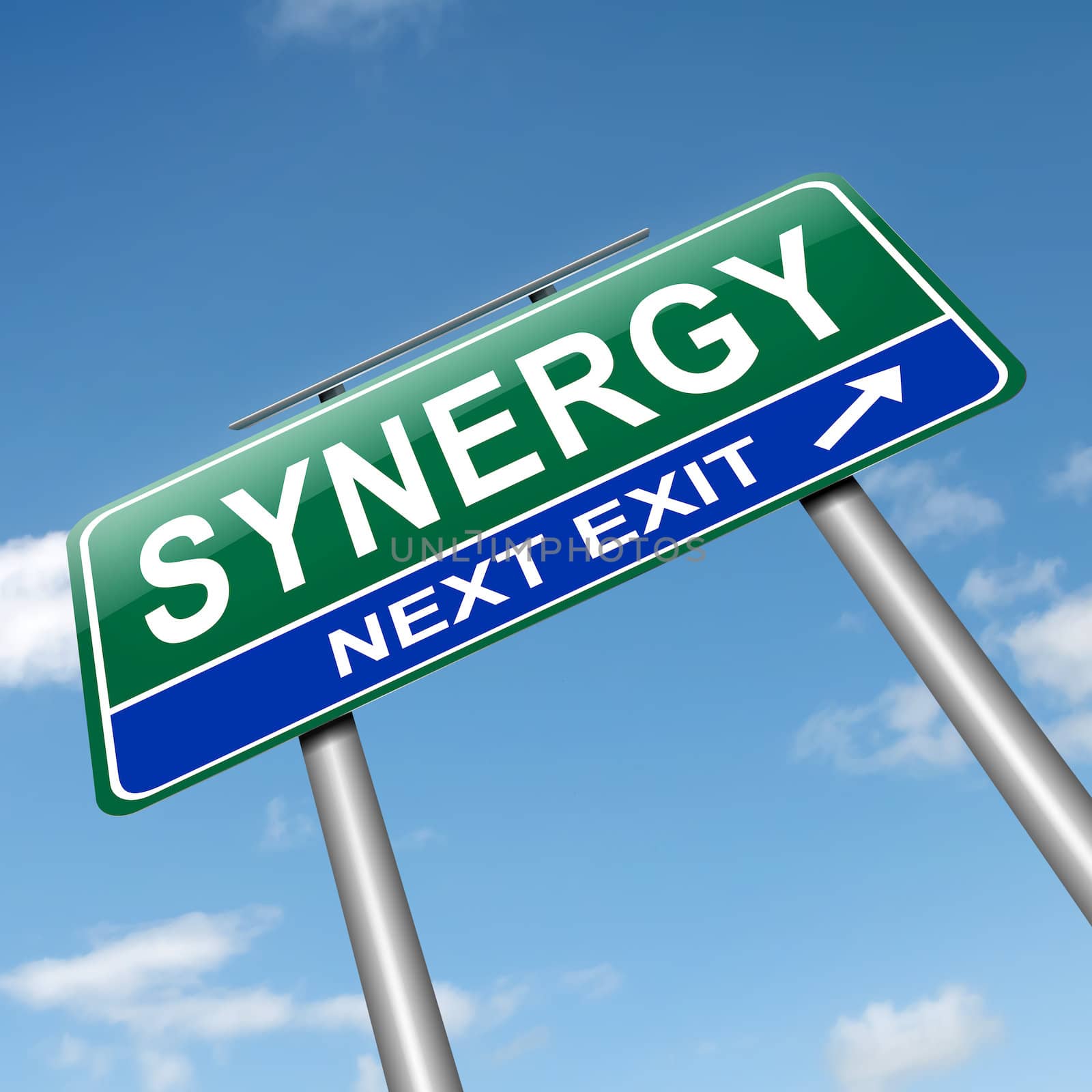 Illustration depicting a roadsign with synergy concept. Sky background.