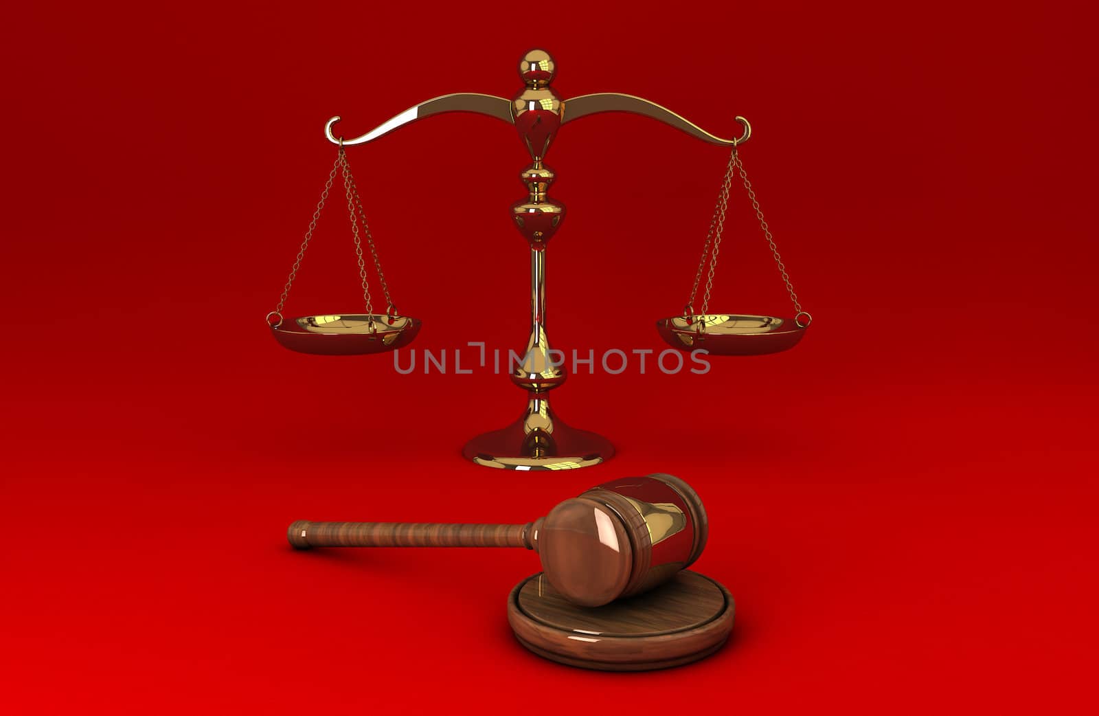 Golden scale and gavel isolated on red solid background